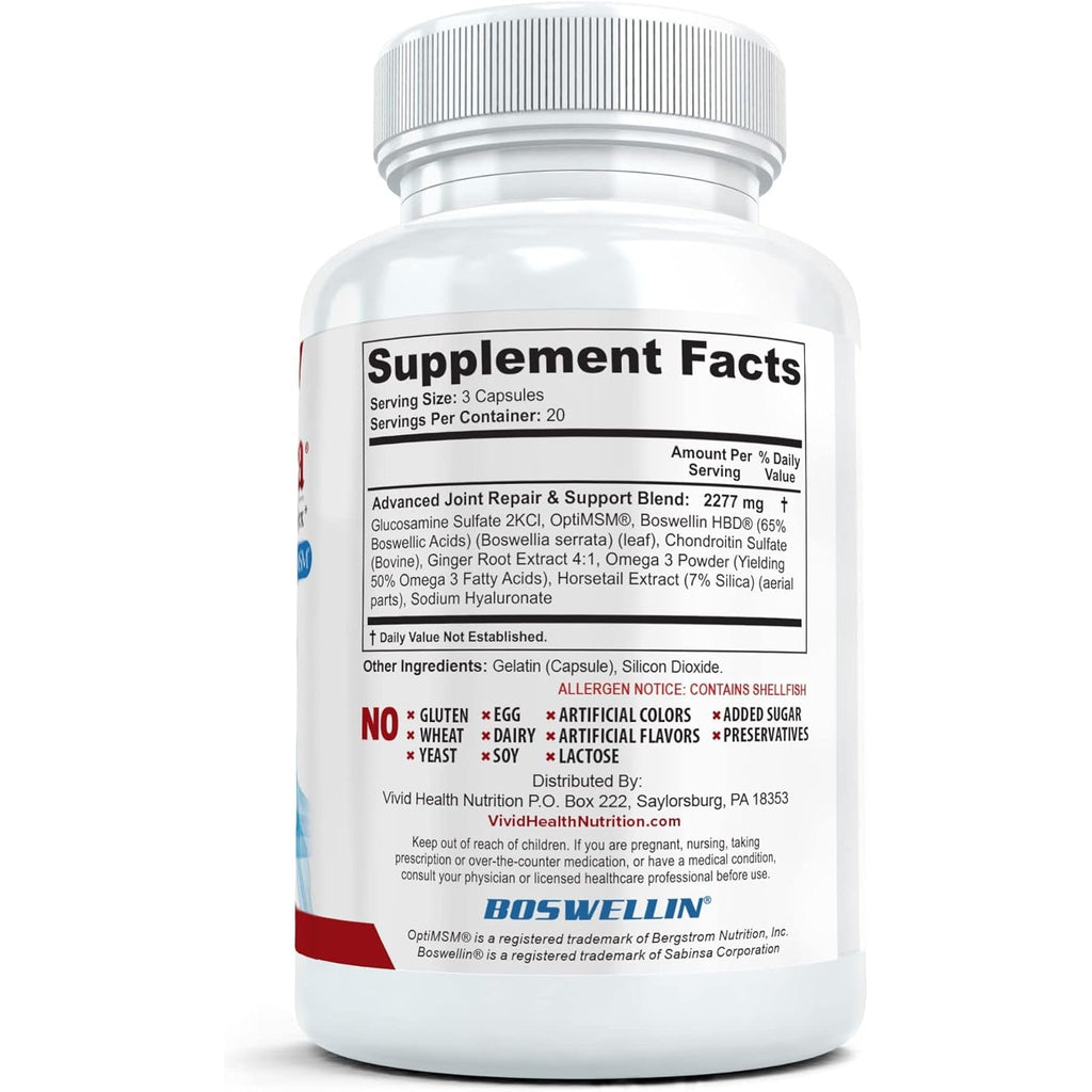 Joint Health & Support Supplement with Glucosamine Sulfate, Chondroitin, Hyaluronic Acid & MSM for Joint Support, Cartilage & Flexability, 60 Capsules