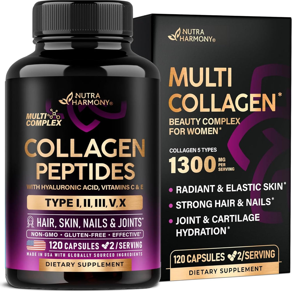 Multi Collagen Peptides - Hydrolyzed Types I, II, III, V & X - Collagen Supplement for Women 1300Mg - W/ Hyaluronic Acid, Vitamins C & E - Skin, Hair, Nails & Joint Support - Lab Tested - 120 Capsules