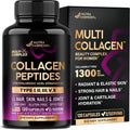 Multi Collagen Peptides - Hydrolyzed Types I, II, III, V & X - Collagen Supplement for Women 1300Mg - W/ Hyaluronic Acid, Vitamins C & E - Skin, Hair, Nails & Joint Support - Lab Tested - 120 Capsules