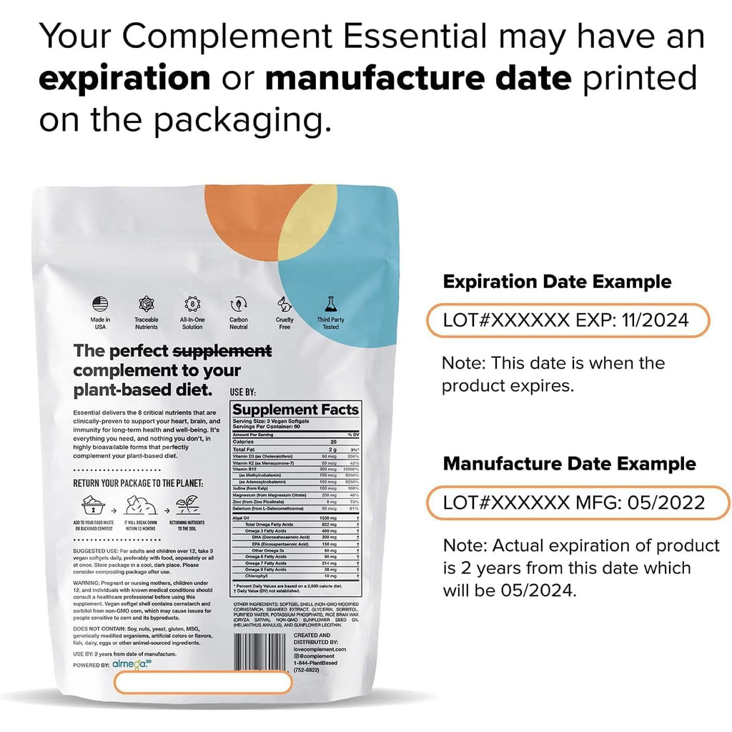 Complement Essential Vegan Multivitamin for Women & Men - Immune Support Supplement with Omega-3 DHA & EPA, B12, Vitamin D3 & K2, Zinc, Selenium, Magnesium, Iodine (30 Servings, 90 Capsules)