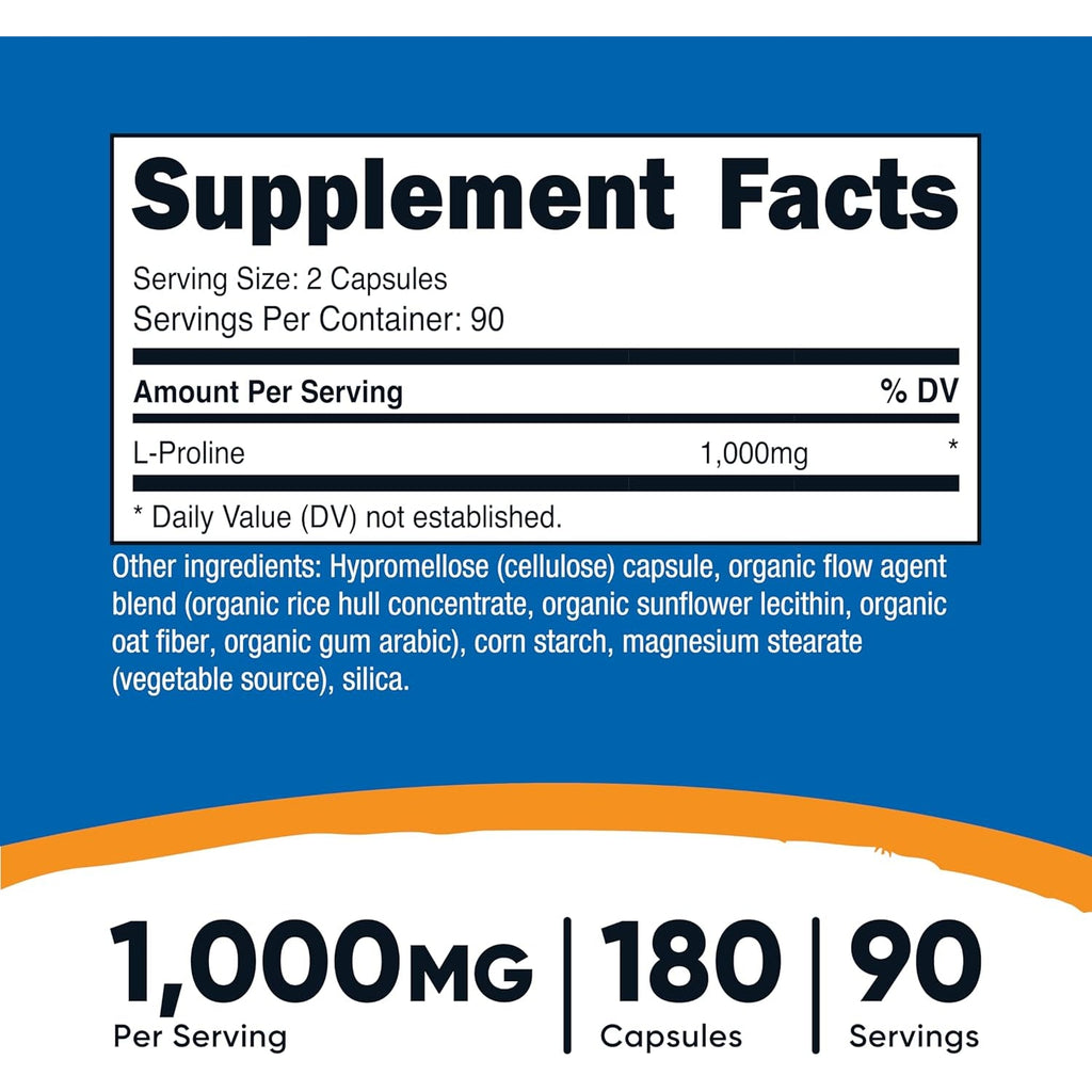 Nutricost L-Proline 1000Mg, 180 Capsules (90 Servings) - 500Mg per Cap, Non-Gmo, Gluten Free