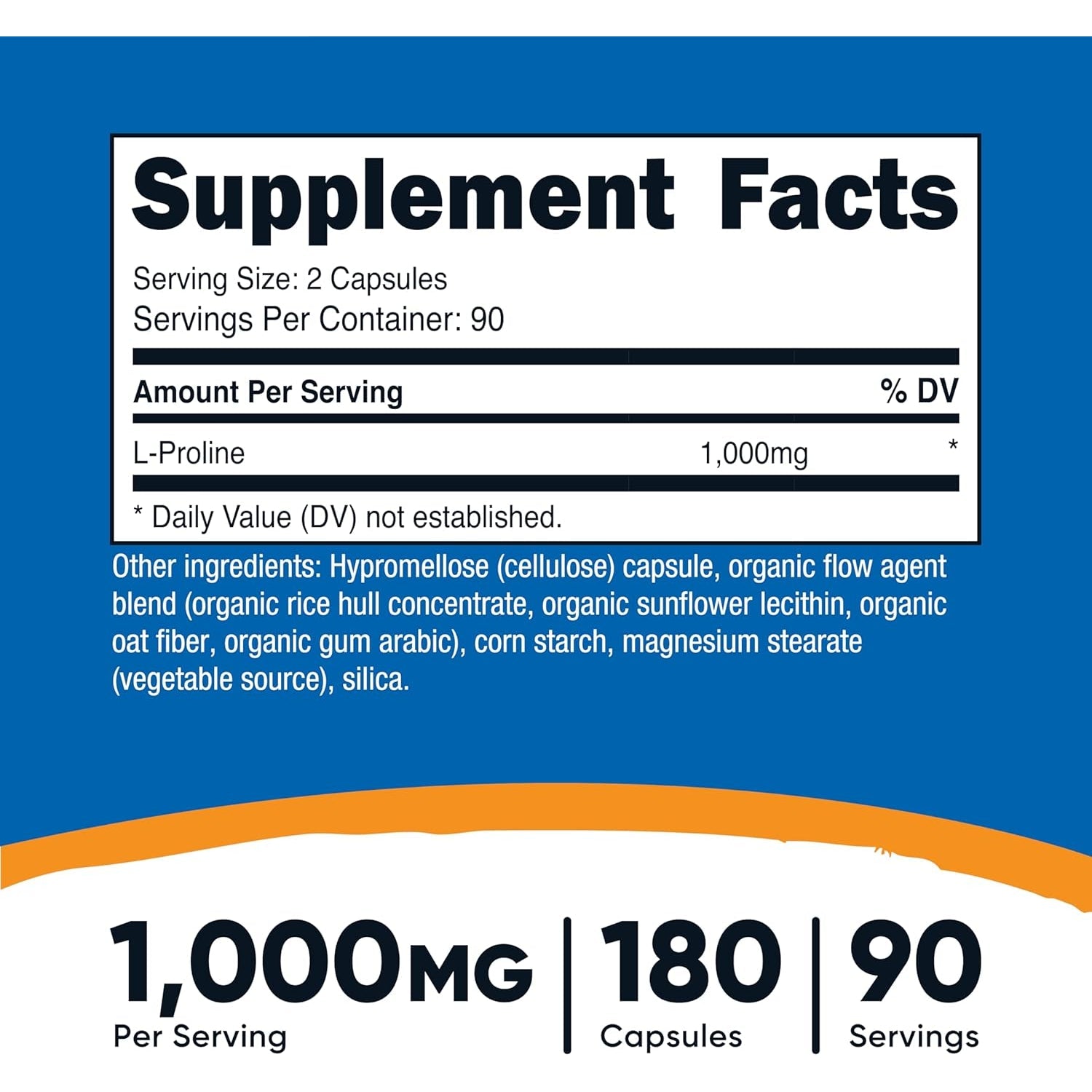 Nutricost L-Proline 1000Mg, 180 Capsules (90 Servings) - 500Mg per Cap, Non-Gmo, Gluten Free