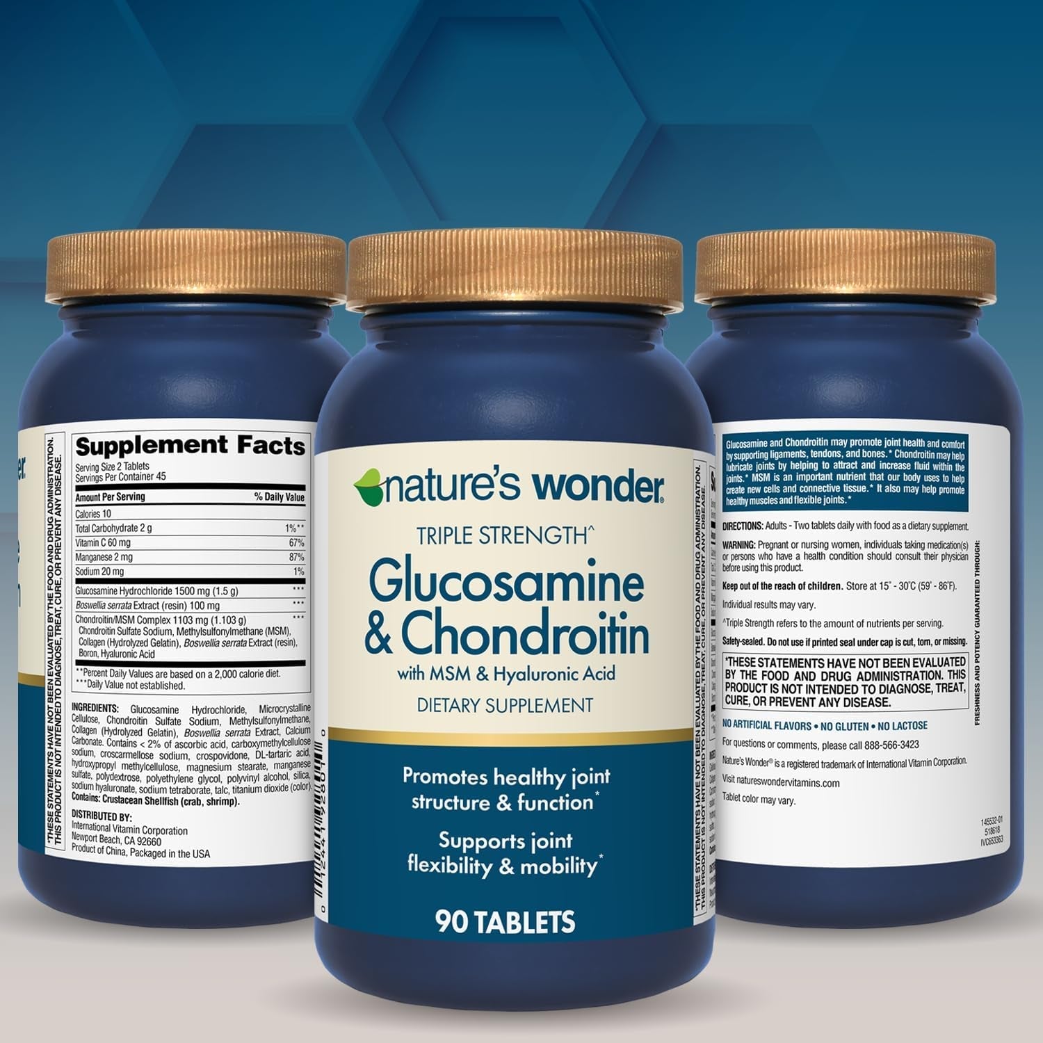 Nature'S Wonder Triple Strength Glucosamine Chondroitin with MSM and Hyaluronic Acid and Boswellia for Joint Health, Supports Joint Flexibility and Mobility, 45 Day Supply, 90 Tablets
