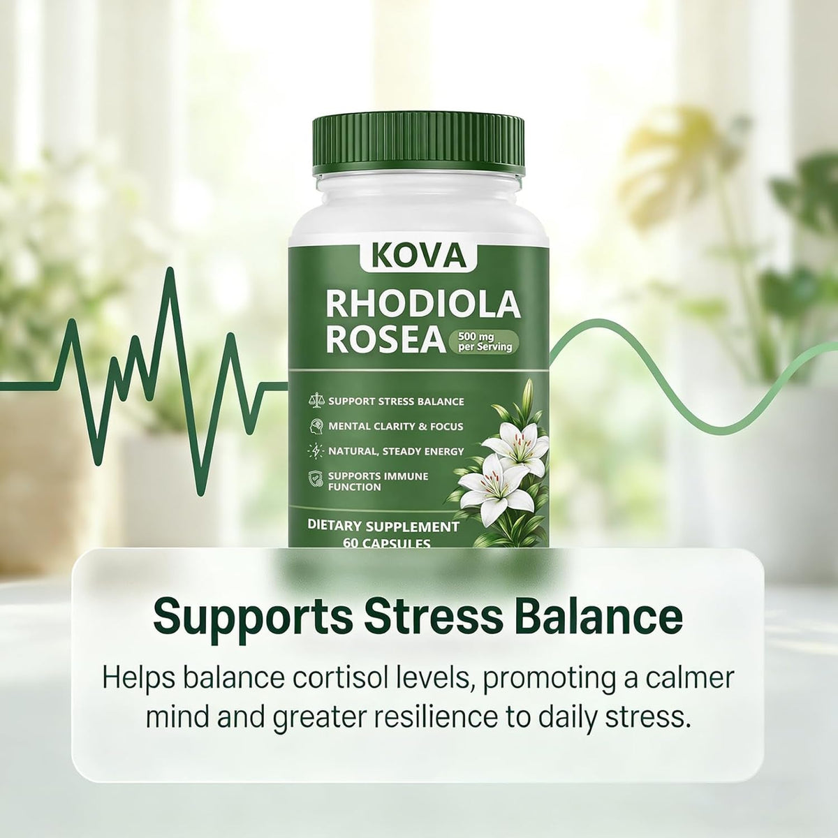 Wuliao KOVA Rhodiola Rosea Capsules, Rhodiola Rosea Extract Supplement for Balanced Cortisol - Stress & Focus Support, Metabolism, Energy & Immune Health – 60 Capsules (1)