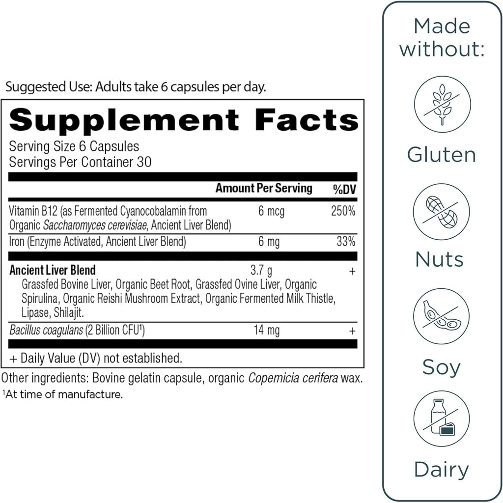 Ancient Nutrition Organ Supplements, Grass-Fed and Wild Organ Complex Capsules, Beef & Lamb Liver, Supports Healthy Blood, Gut, and Liver, 180 Ct