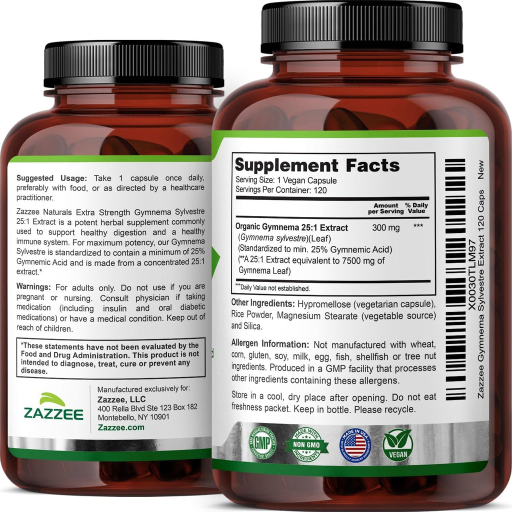 Zazzee USDA Organic Gymnema Sylvestre 25:1 Extract, 25% Gymnemic Acid, 120 Vegan Capsules, 4 Month Supply, All-Natural Botanical Support, Concentrated 25X Extract, Non-Gmo, Made in the USA
