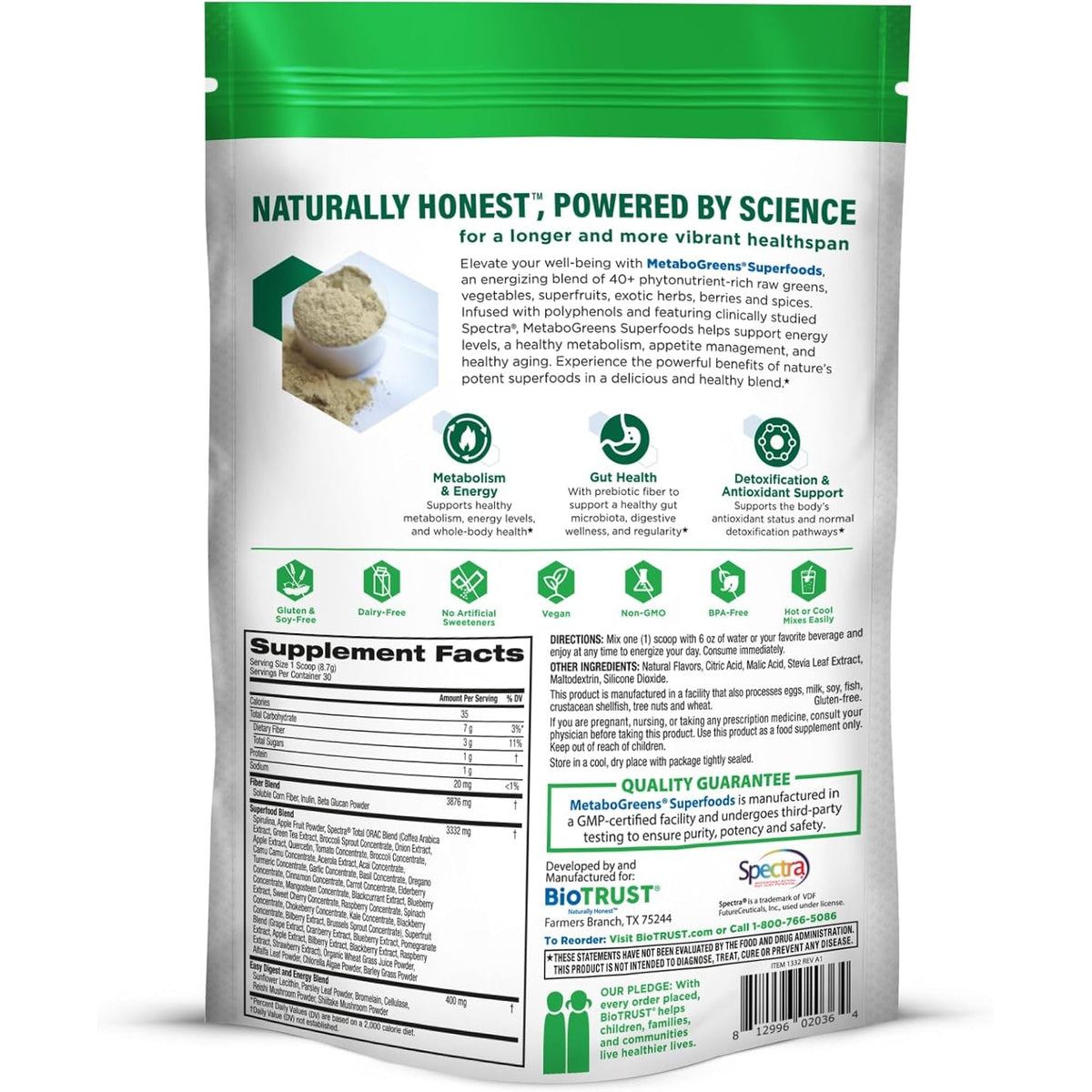 Biotrust Metabo Greens Superfood Powder - Super Greens Powder, Fruit & Veggie Blend with Clinically Studied Spectra - Non GMO, Soy Free, Gluten Free, Dairy Free, Energizing Berry Flavor (30 Servings)