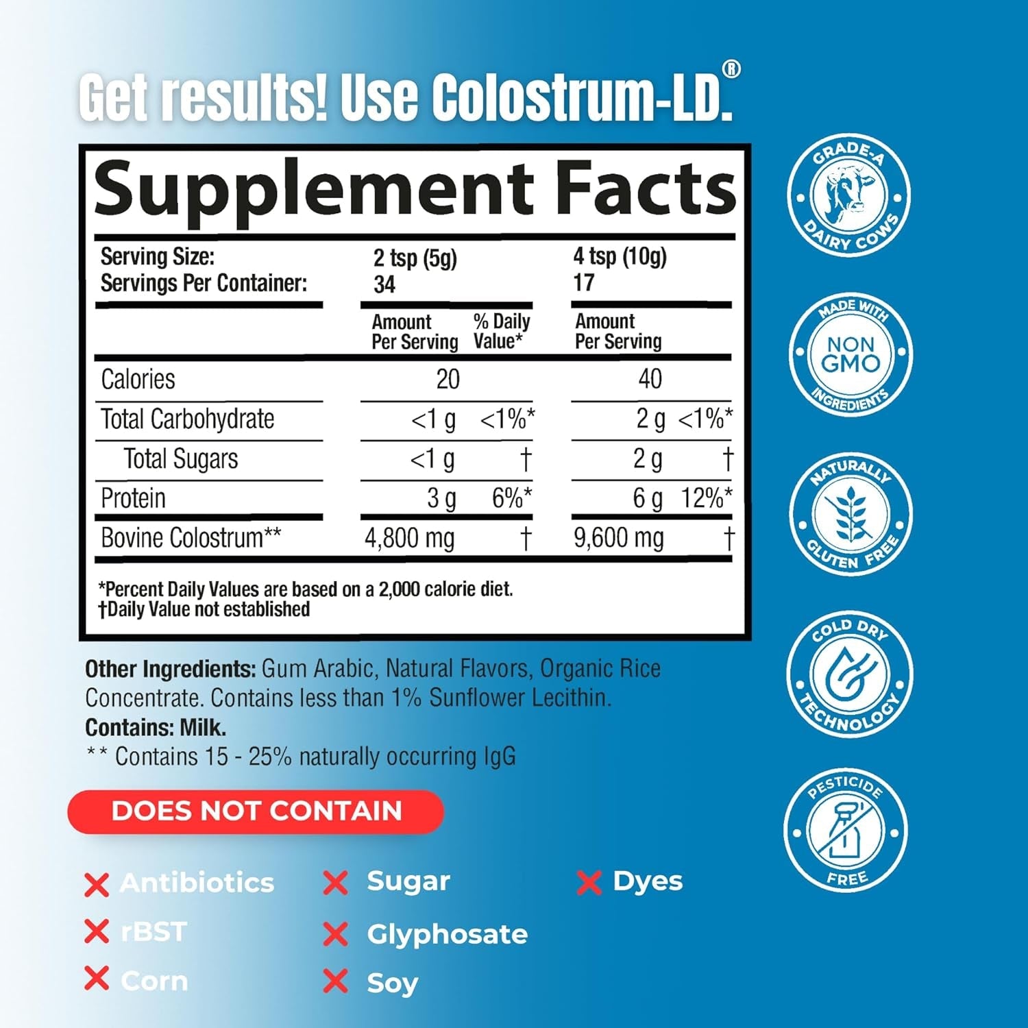 Colostrum-Ld Liposomal Delivery - Colostrum Powder - Gluten-Free, Lactose-Reduced - 34 Servings - Sovereign Laboratories - 6 Oz Vanilla