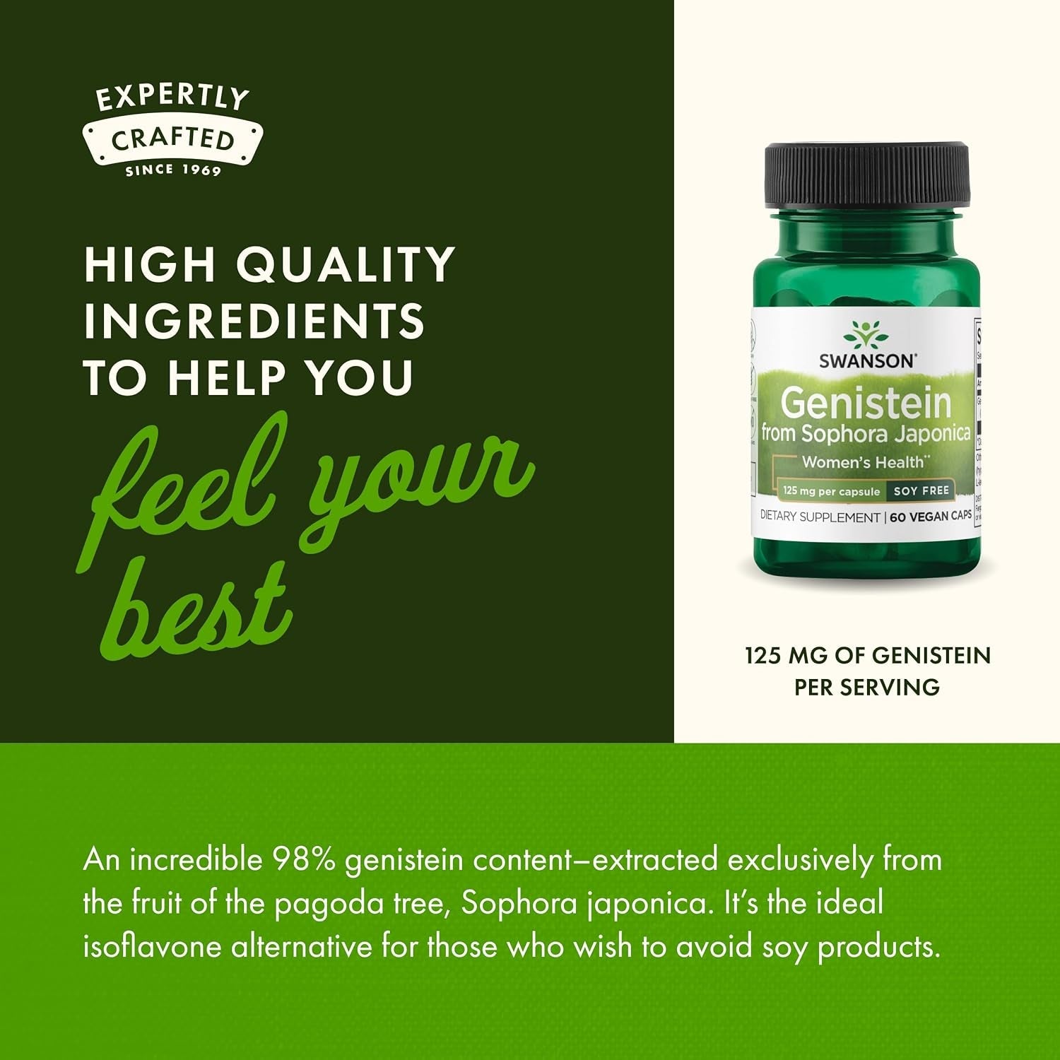 Swanson Soy-Free Genistein Plant-Based Supplement for Women Seeking Hormonal Balance, Bone, and Cardiovascular Support - 125 Mg (60 Vegan Capsules)