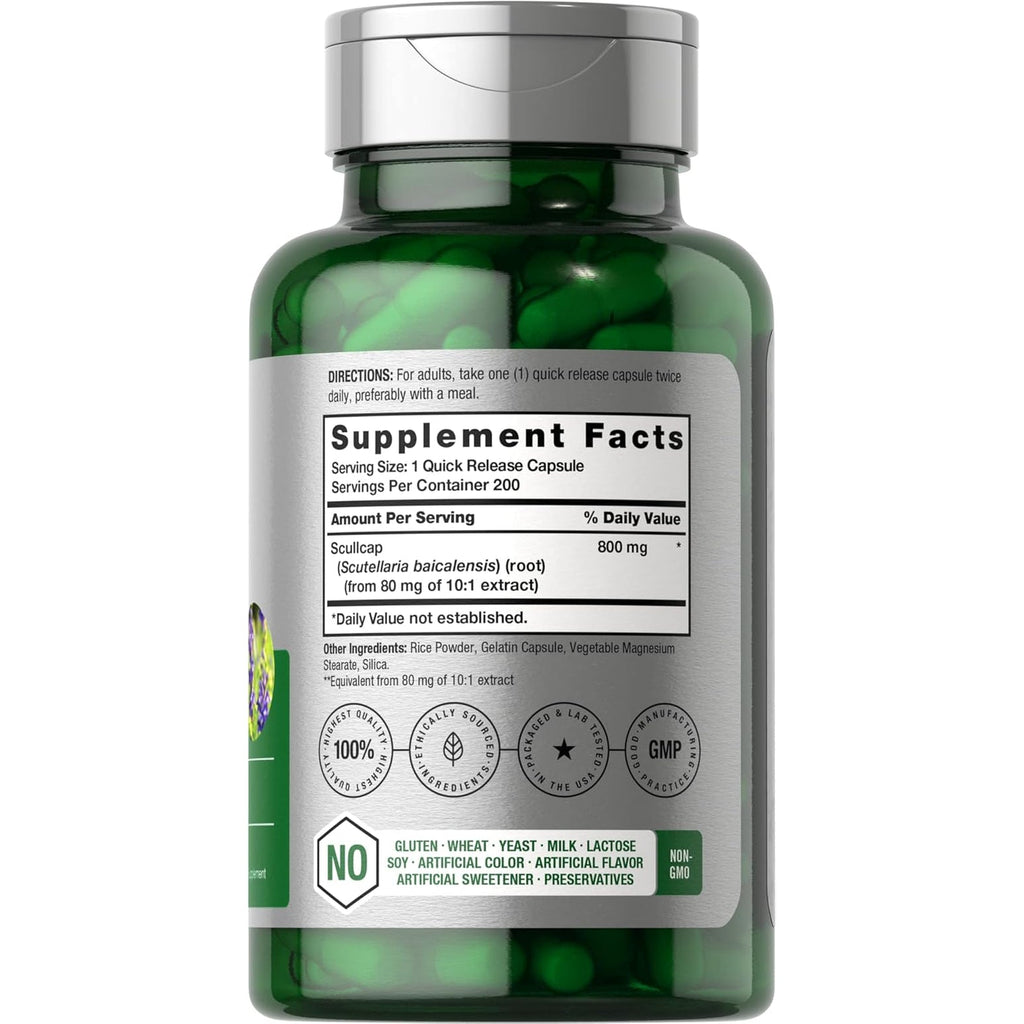 Horbaach Skullcap Herb Extract | 200 Capsules | Scullcap Supplement for Men and Women | Scutellaria Baicalensis | Non-Gmo and Gluten Free