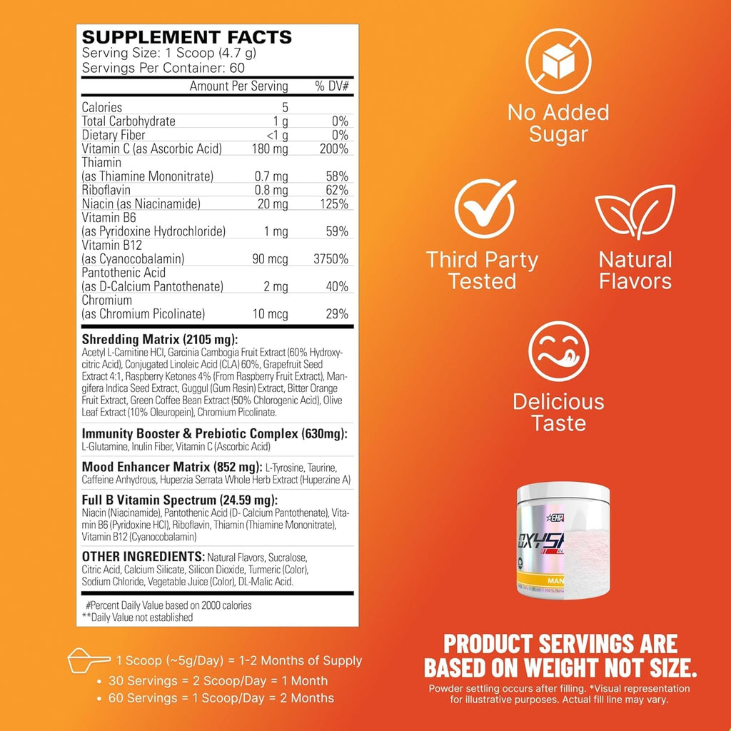EHP Labs Oxyshred Pre Workout Powder - Preworkout Powder with L Glutamine & Acetyl L Carnitine, Energy Boost Drink - Mango, 60 Servings