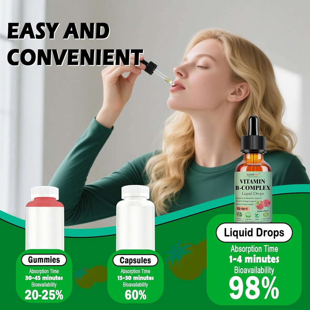 Vitamin B Complex Liquid Drops for Women Men & Kids, 15-In-1 VIT B Complex with Vitamin C B12 B6 B1 Niacin Folate Magnesium for Brain Nerve Neuropathy Energy Mood Health, Sublingual B-Complex Drops