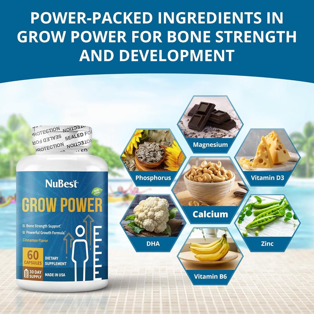 Nubest Grow Power - Calcium Supplement, Magnesium Supplement with Vitamin D3, B6, Zinc, Phosphorus and Multivitamin for Strong Bones, Overall Health for Age 10+ | 60 Capsules | 1 Month Supply
