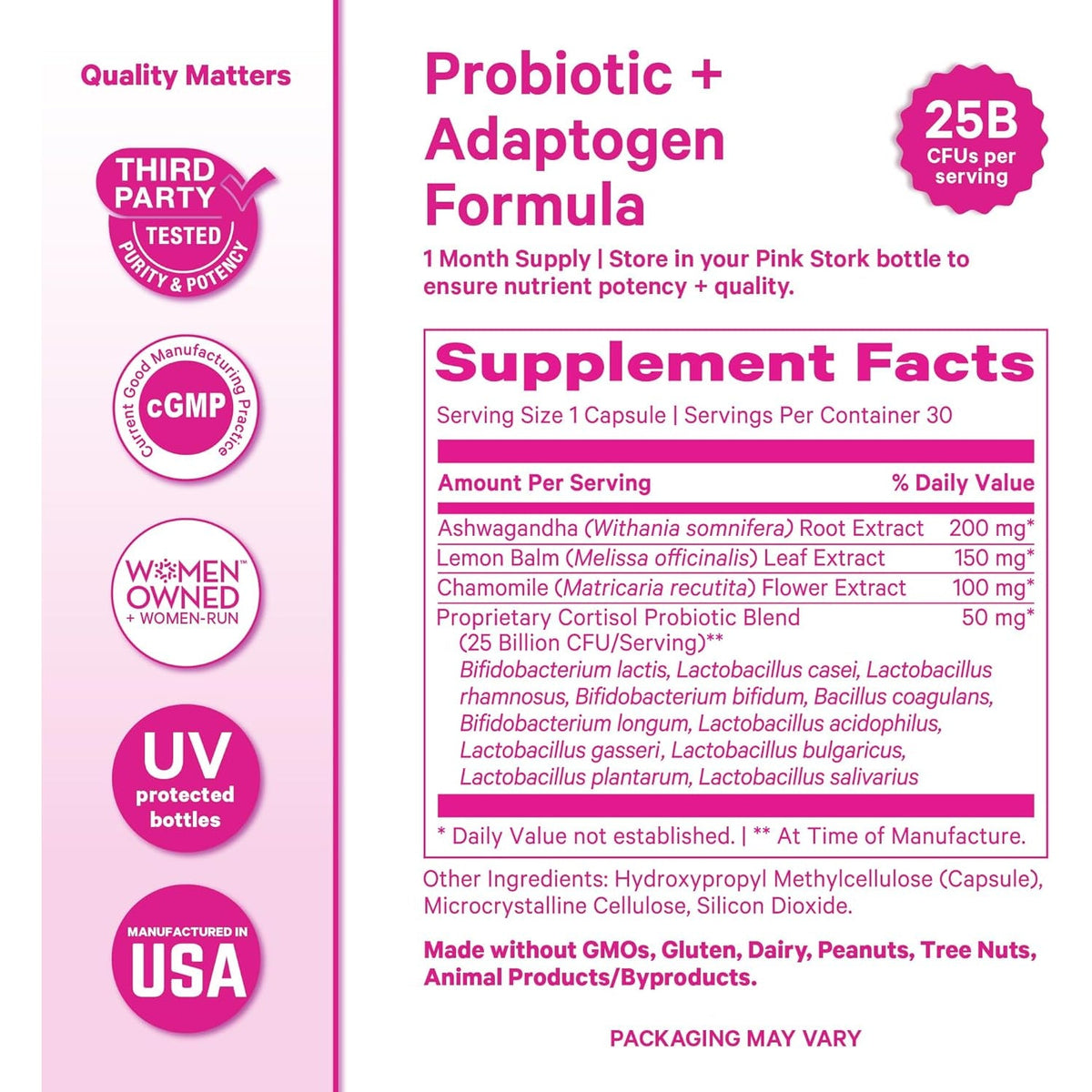 Pink Stork Cortisol Probiotic for Women – Mood and Adrenal Support Supplement – Ashwagandha, Lemon Balm, Chamomile, 25 Billion CFU – Gut Health, Energy, Focus – Lower Cortisol – 30 Capsules