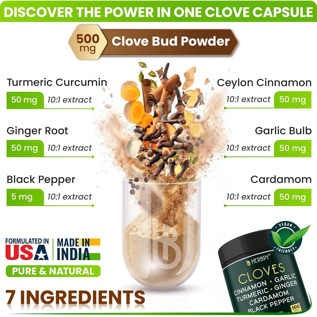 Herbpy 7In1 Clove Supplement 500Mg Rich in Vitamins & Minerals Supports Digestion, Immune & Heart Health with Cinnamon, Turmeric, Ginger, Cardamom, Garlic & Black Pepper - 100 Vegan Capsules
