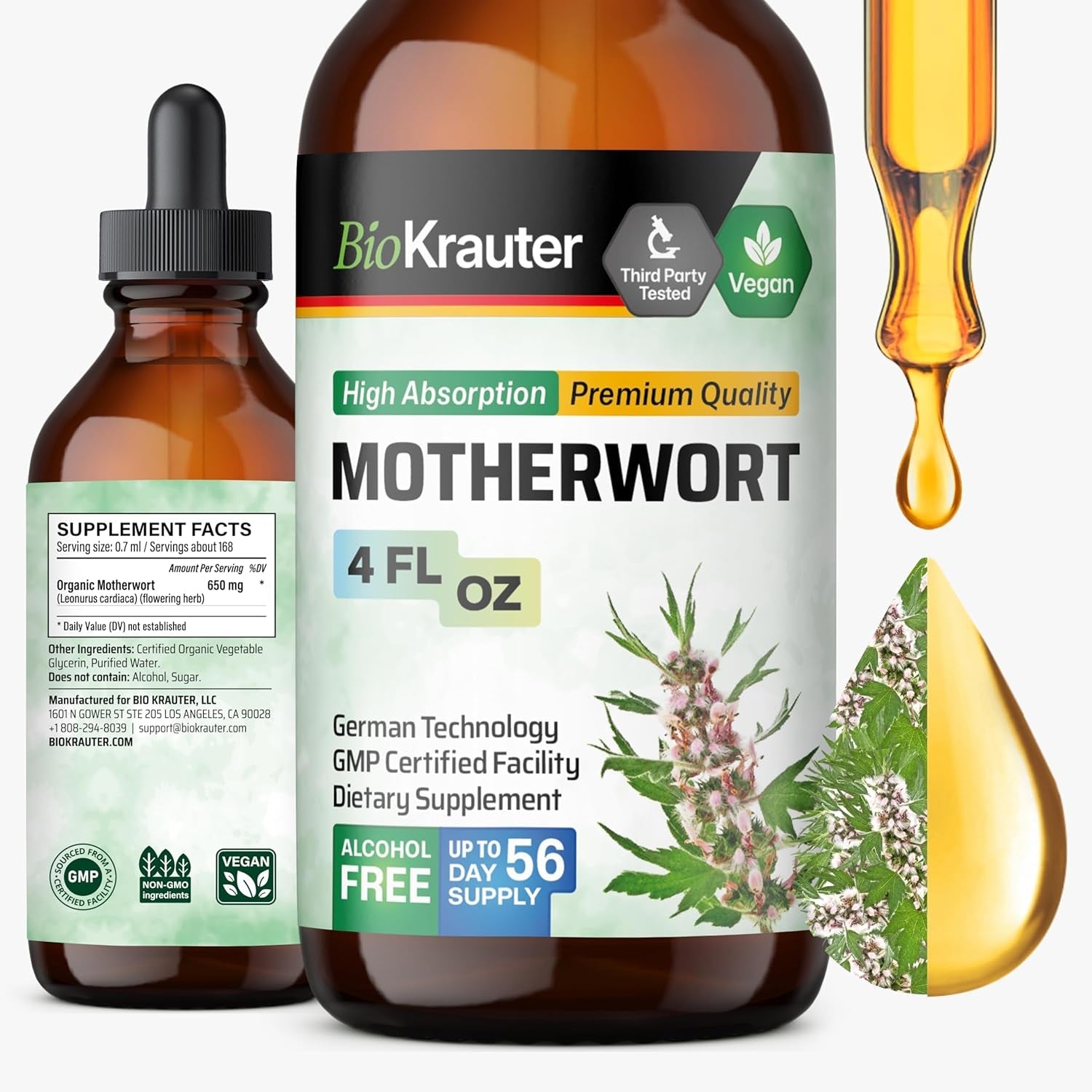 BIO KRAUTER® Perimenopause & Menopause Supplements for Women* - Vegan Motherwort Tincture 4 Fl.Oz 56-Day Supply for Natural Calm & Women'S Wellness - Alcohol & Sugar Free - 650 Mg per Serving