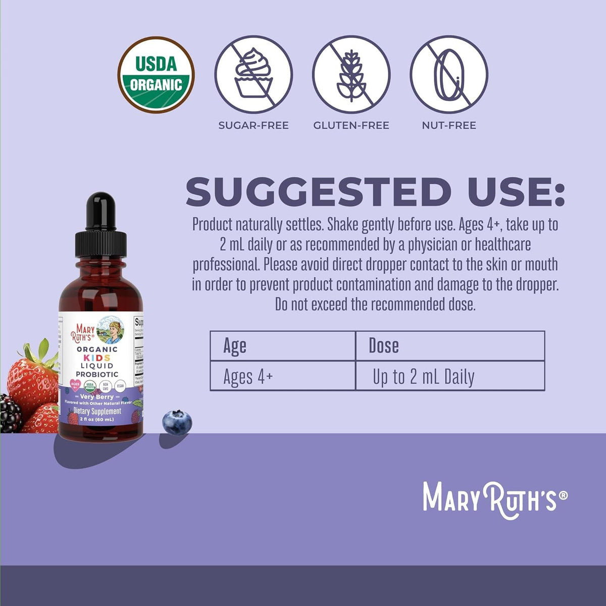 MARYRUTH'S Organics Kids Very Berry Liquid Probiotic, 2 FZ