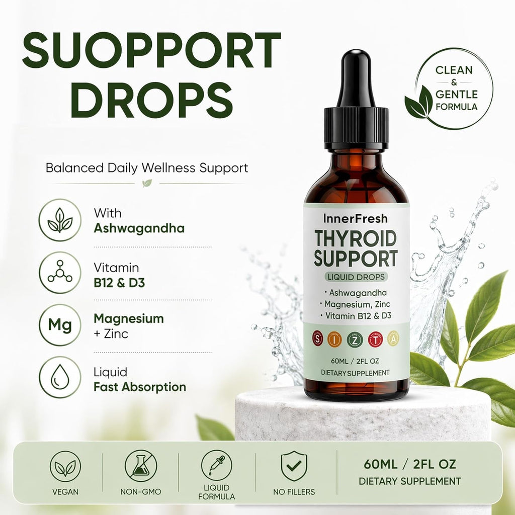 Thyroid Support Drops, Thyroid Support Liquid Drops for Women & Men, with Ashwagandha, Vitamin B12 & D3 and Magnesium, Help Support Mood, Promote Metabolism, 60 ML/2FL OZ