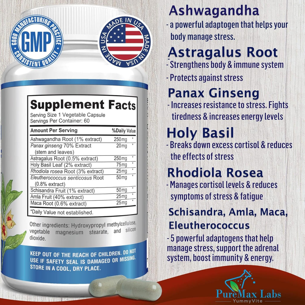 Adaptogen Stress Relief Immune Support Formula - Adaptogenic Adrenal Support with Ashwagandha, Astragalus, Ginseng, Holy Basil, Rhodiola, Amla, Maca, Schisandra, Non-Gmo - 60 Capsules