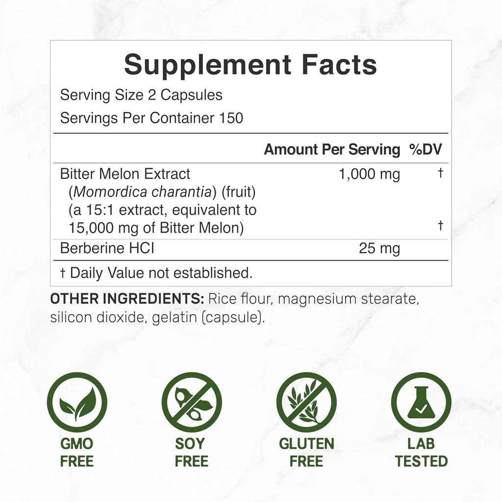 Bitter Melon with Berberine Supplement 15,000Mg per Serving, 300 Capsules | 15:1 Wild Bitter Melon Fruit Extract & Berberine HCL | Third Party Tested | Plant Based, Non-Gmo