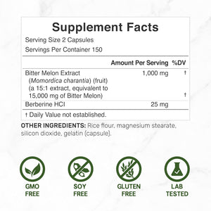 Bitter Melon with Berberine Supplement 15,000Mg per Serving, 300 Capsules | 15:1 Wild Bitter Melon Fruit Extract & Berberine HCL | Third Party Tested | Plant Based, Non-Gmo