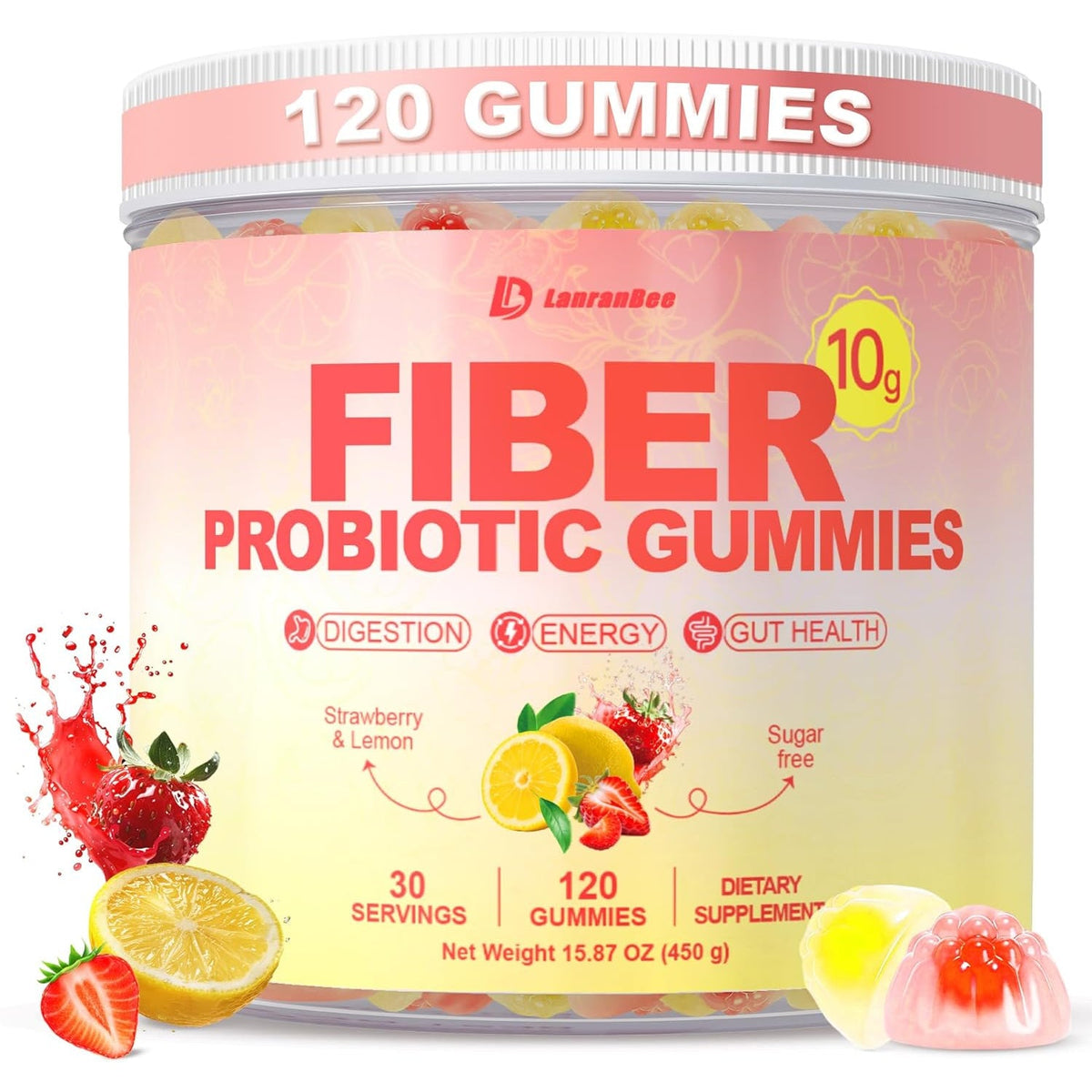 10G Fiber Gummies for Adults with Probiotics, Sugar Free Fiber Supplement with Organic Super Greens & Digestive Enzymes, Supports Gut Health, Energy & Regularity, Vegan, 120 Count