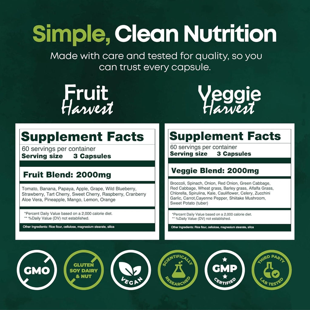 Fruits and Vegetables Supplements – 2 Pack Combination Fruit & Veggies Supplement – Whole Food Vitamins & Minerals for Adults – Superfood Veggie Vitamins for Adults (180 X 2, 360 Ct)