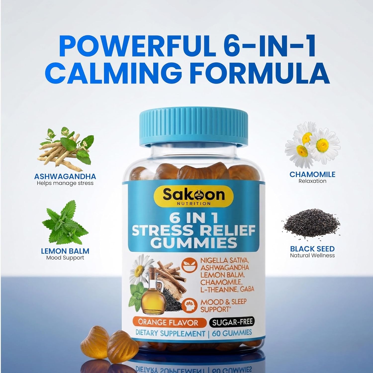 6-In-1 Stress Relief Gummies 60Ct - Aids Relaxation with Ashwagandha, GABA, L-Theanine, Lemon Balm, Chamomile, Black Cumin Seed Nigella Sativa. Improved Deep Sleep, Joint Support - 60 Gummies
