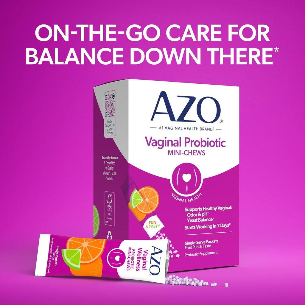 AZO Vaginal Probiotic Mini-Chews for Women, Supports Healthy Vaginal Odor, Healthy Vaginal Flora, Yeast Balance and Ph*, Delicious Fruit Punch Taste, 14 Count