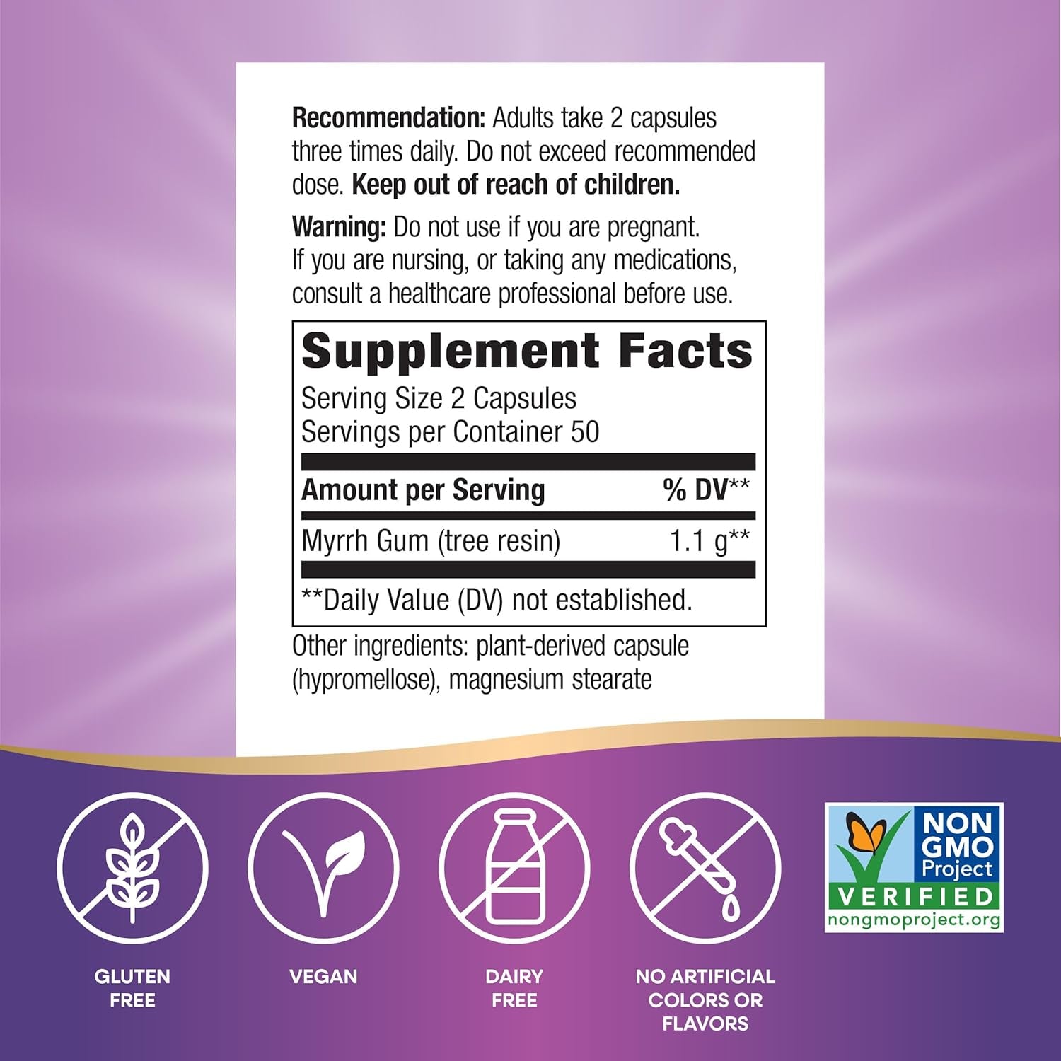 Nature'S Way Myrrh Gum Tree Resin, Traditional Digestive Support*, 1.1 G per 2-Capsule Serving, Non-Gmo Project Verified, No Gluten, 100 Vegan Capsules (Packaging May Vary)