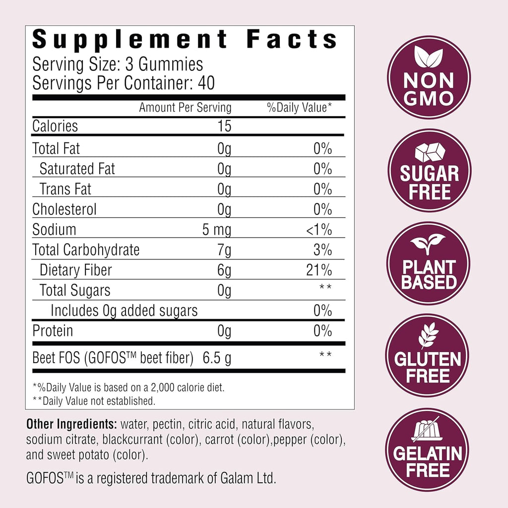 Country Farms Fiber Care Prebiotic Gummies, 6G of Fiber per Serving, GLP-1 Booster, FOS from Beets, Digestive Health and Bloat, Supports Regularity, Mixed Fruit Flavor, 120 Gummies, 40 Servings