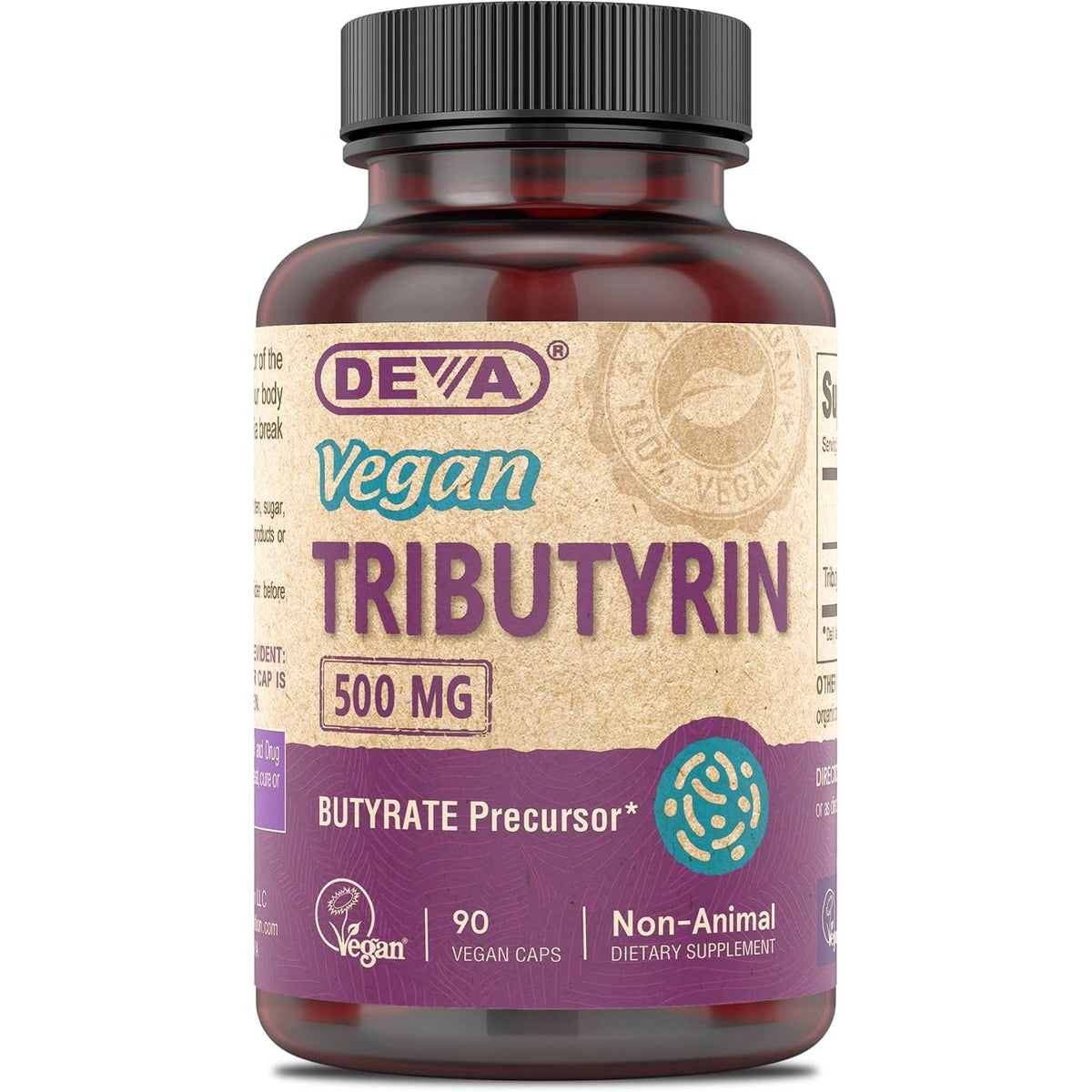DEVA Vegan Tributyrin Supplement - Butyrate Precursor, Gut Barrier Support, Butyric Acid, 500 MG Vegan Capsules, Leaky Gut Support, Digestion, 90 Count