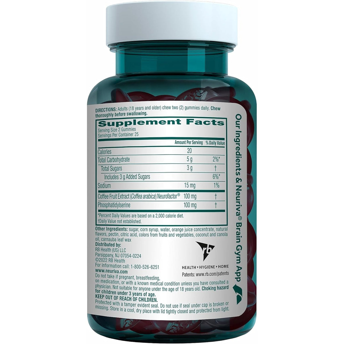 NEURIVA Original Brain Supplements for Memory and Focus, Clinically Tested Nootropics Phosphatidylserine and Neurofactor, Caffeine Free, 50Ct Strawberry Gummies