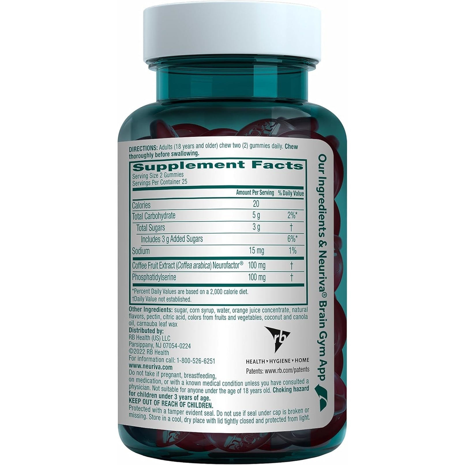 NEURIVA Original Brain Supplements for Memory and Focus, Clinically Tested Nootropics Phosphatidylserine and Neurofactor, Caffeine Free, 50Ct Strawberry Gummies
