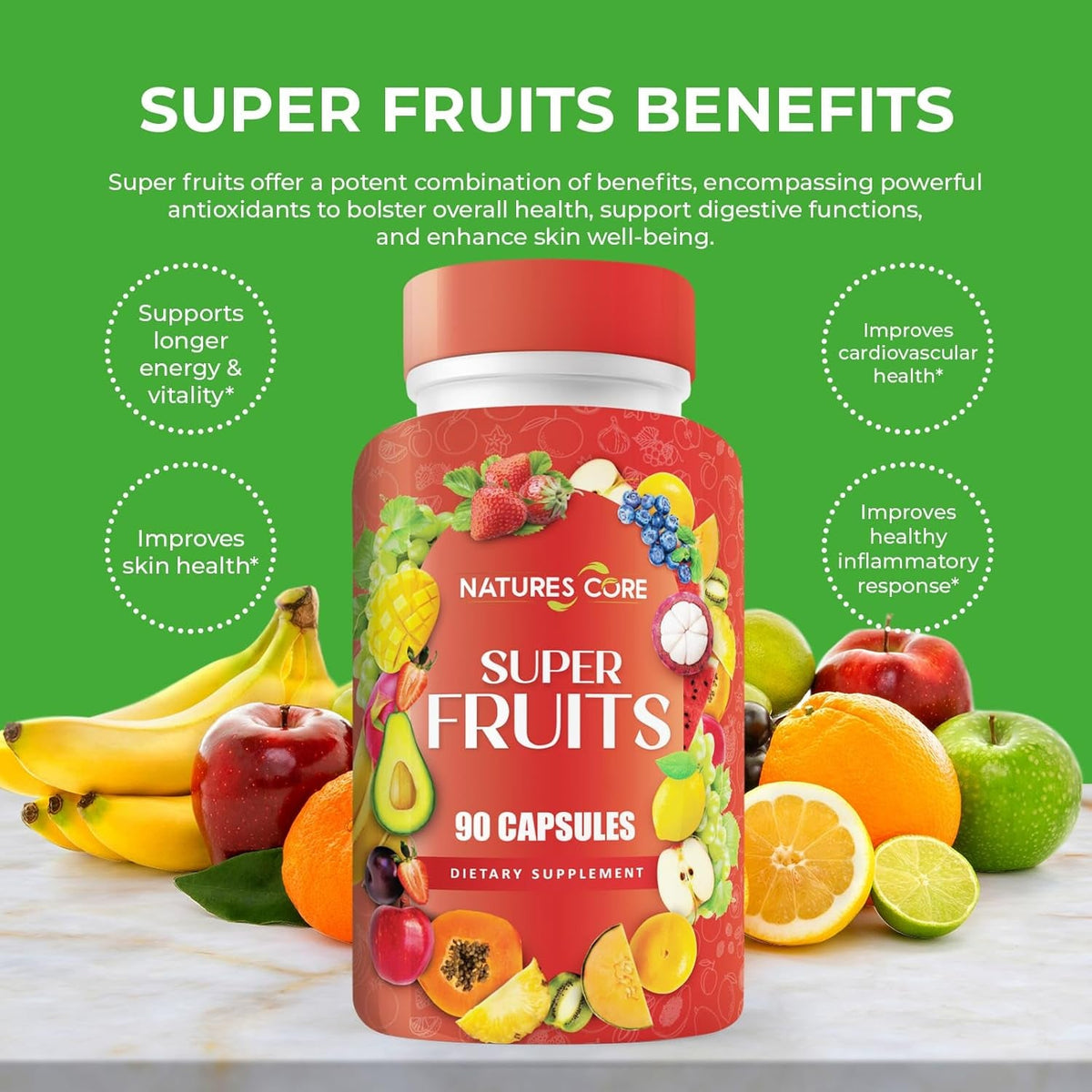 Nature'S Core Fruit and Veggie Supplement - 360 Capsules - 100% Whole Super Fruit and Vegetable Vitamin, Made in USA, Soy Free, Vegan, Capsule Form - 90 Count (Pack of 4)