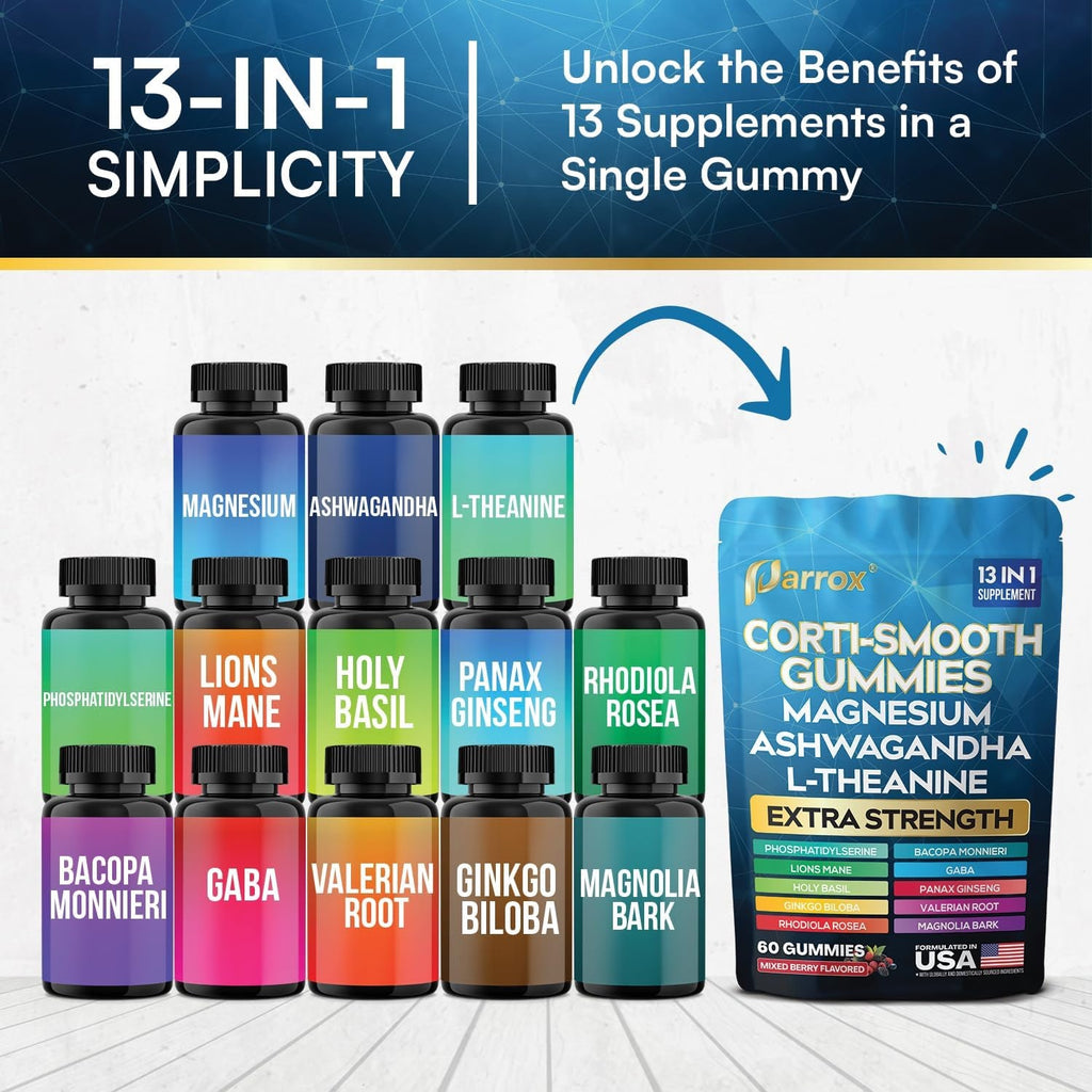 Corti-Smooth Cortisol Support Gummies with Magnesium, L-Theanine, Ashwagandha, Phosphatidylserine, Bacopa Monnieri, Lions Mane, Ginkgo Biloba, Valerian Root (60 Gummies - Mixed Berry Flavor)