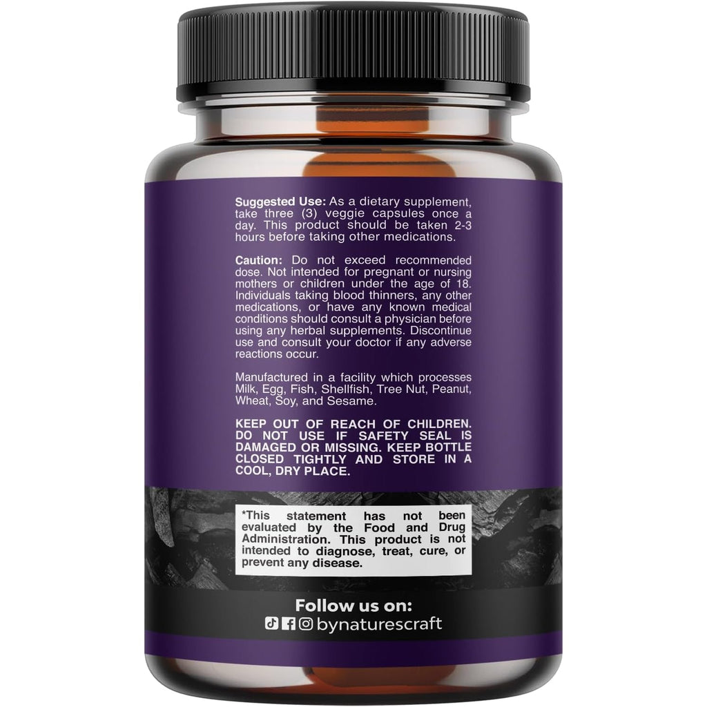 Natures Craft Activated Charcoal Pills Detox & Cleanse - Purifying Coconut Capsules with 1200 Mg per Serving for Bloating Relief - Active Detox Supplement for Body & Gut Health -180 Count
