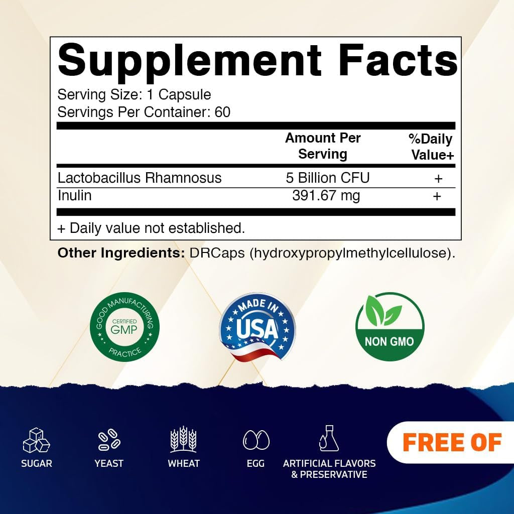 Vitamatic Lactobacillus Rhamnosus 5 Billion per DR Capsule (10 Billion per 2 Capsules) - 60 Count - Advanced Digestive & Immune Support - Made with Prebiotic Inulin Fiber