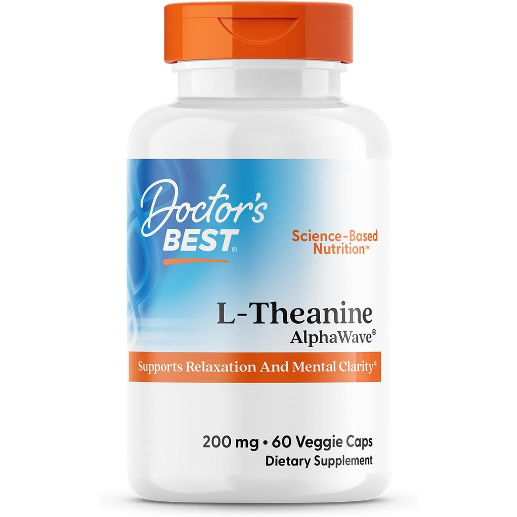 Doctor'S Best L-Theanine Caps 200Mg for Men & Women - L Theanine Alphawave Supplement for Calm & Focus Support, Helps Reduce Stress, Vegan, Gluten Free, Soy Free, Non GMO - 60 Veg Capsules