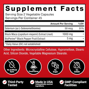 Force Factor Black Maca Root Supplement for Men, 1000Mg Maca Negra Extract for Energy, Hormonal Balance & Vitality, Superior Absorption with Bioperine, 90 Capsules