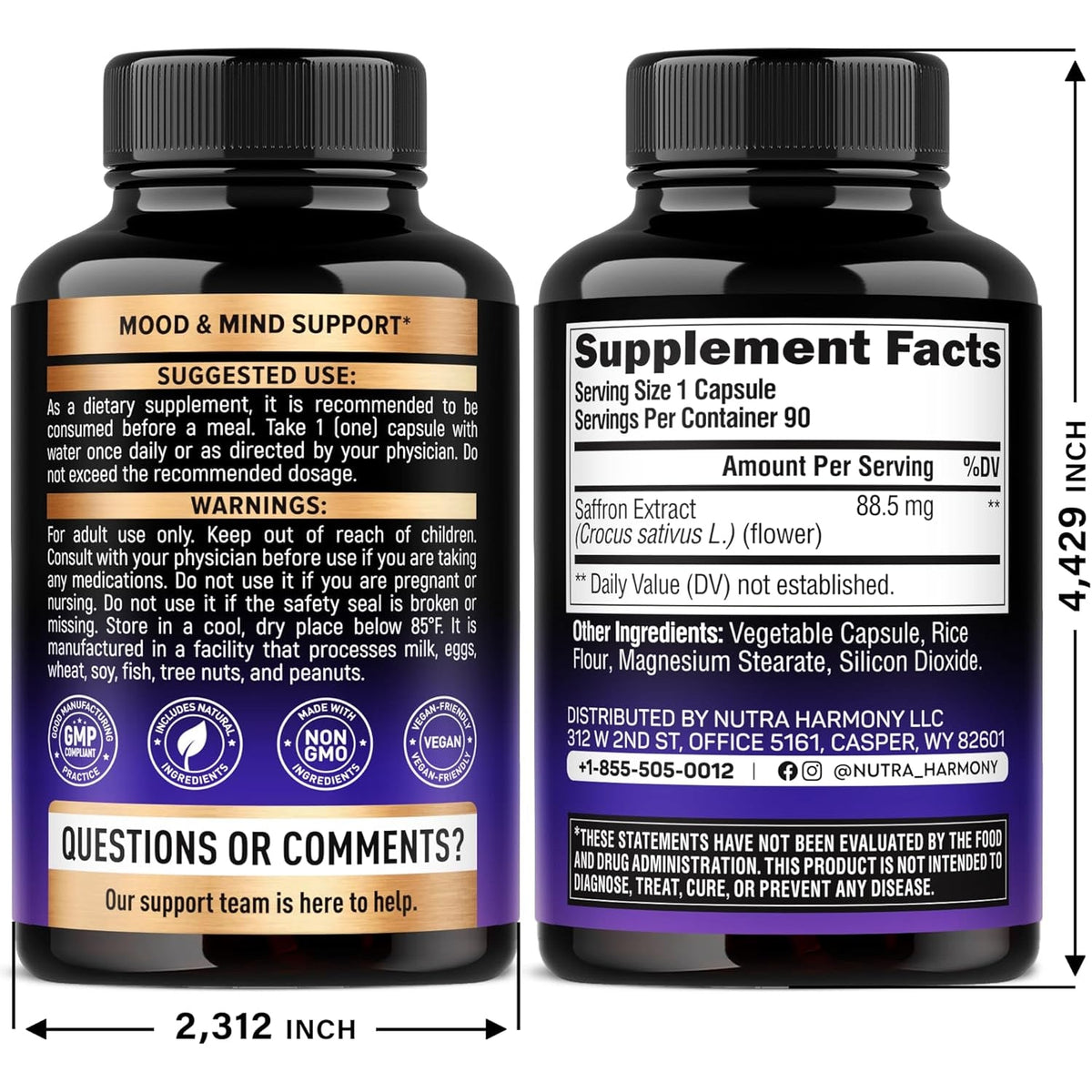 Natural Saffron Supplements - Pure Saffron Extract 88.5 Mg - Mood | Focus | Vision | Energy Support - Eye Health for Women & Men - Lab Tested - Nongmo Vegan Pills - 90 Powder Capsules, 3 Month Supply