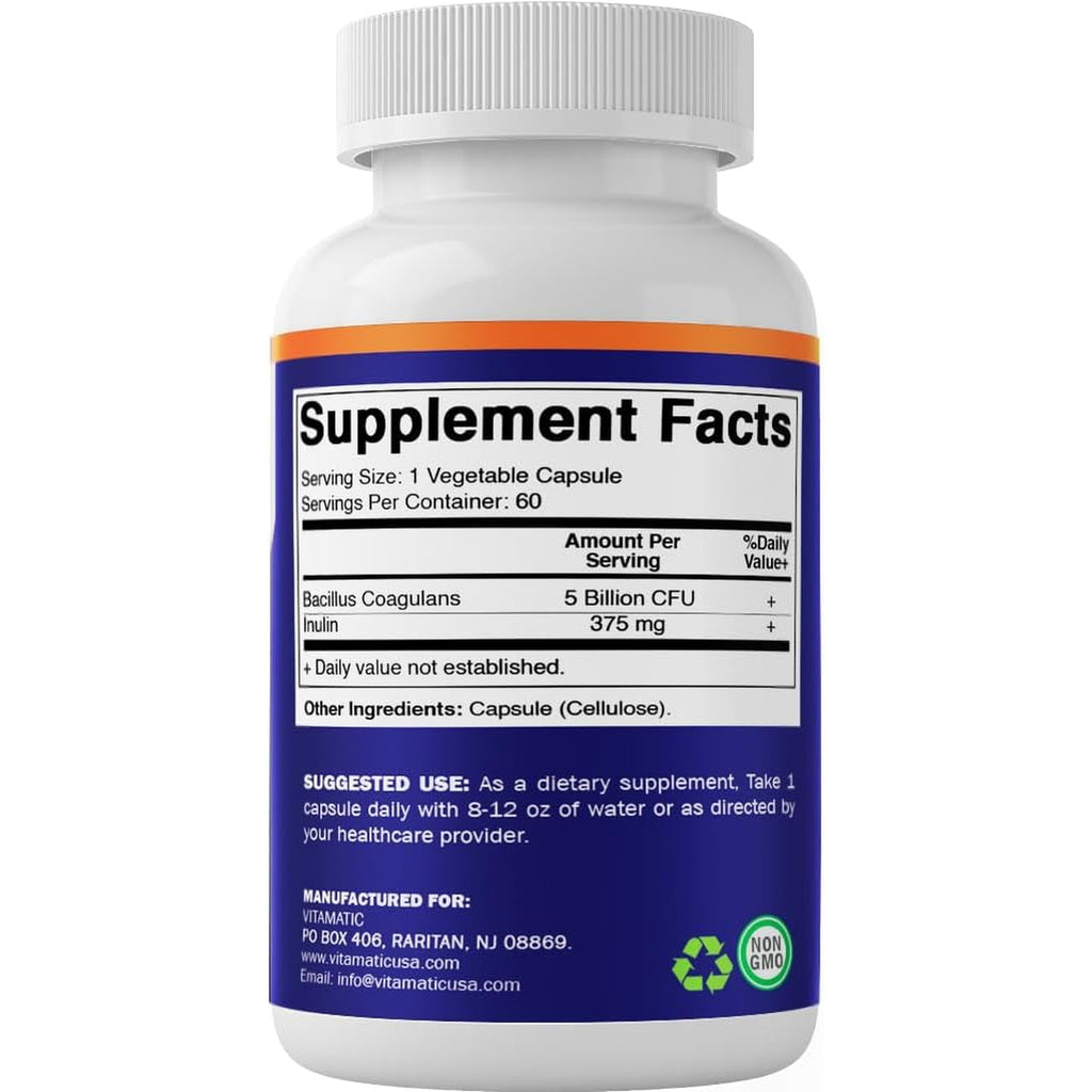 Vitamatic Bacillus Coagulans Shelf Stable Probiotic Supplement - Promote GI Digestive Health - 60 Vegetable Capsules - Survives Stomach Acids