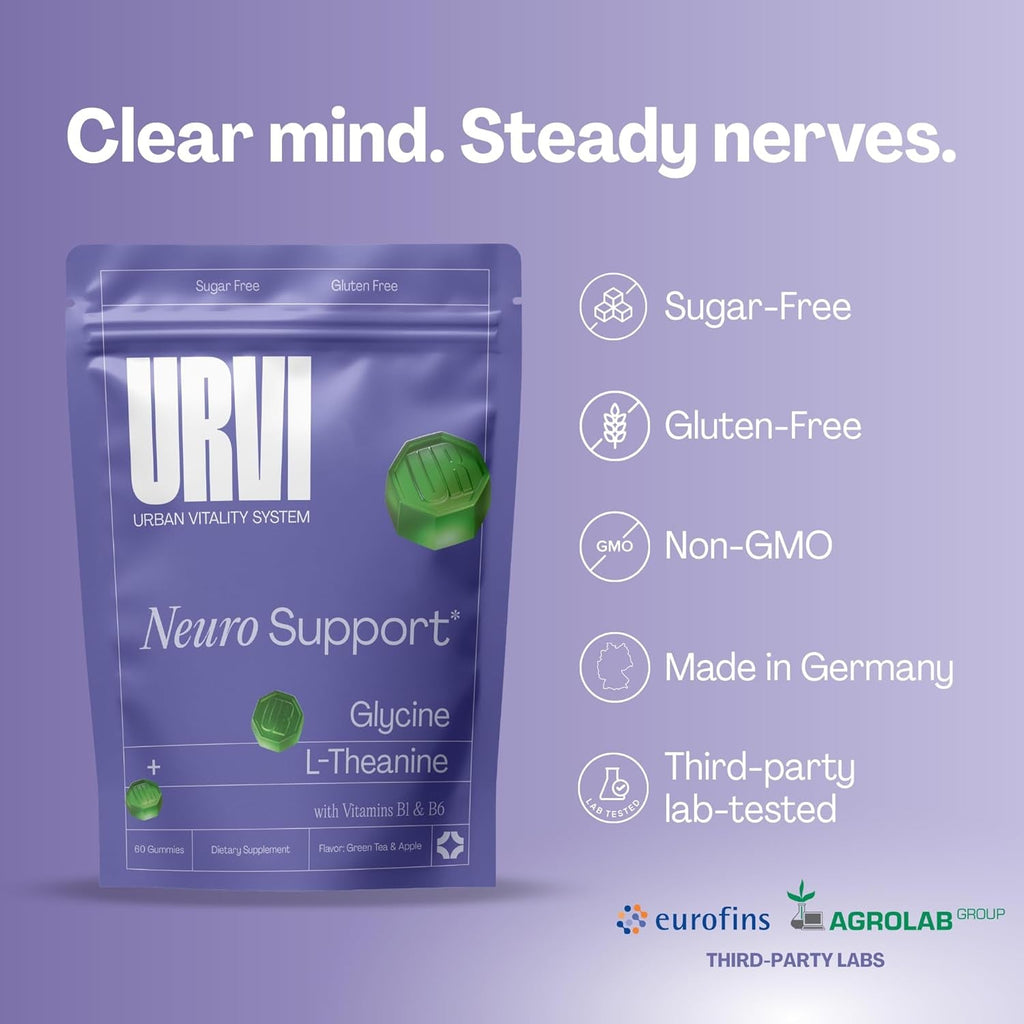 URVI® Neuro Gummies – 500Mg Glycine, 150Mg L-Theanine (High Potency), Vitamins B1 & B6 for Rest & Sleep, Relaxation, Calm Focus, Stress Relief – Caffeine- & Sugar-Free– Green Tea & Apple – 60 Count