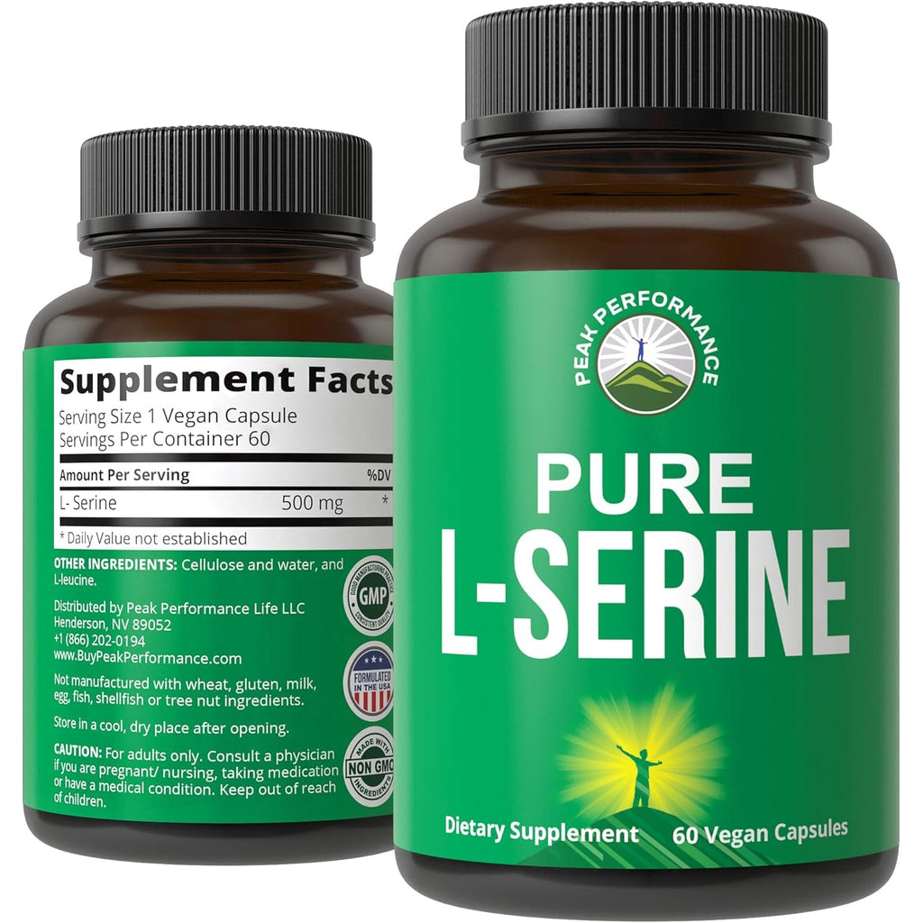 Peak Performance L-Serine Capsules 500Mg Best Brain and Nootropic Amino Acids for Production of L-Cystine, L-Tryptophan and Serotonin - USA Grade Pills - Gluten Free, Non-Gmo Supplement - 60 Servings