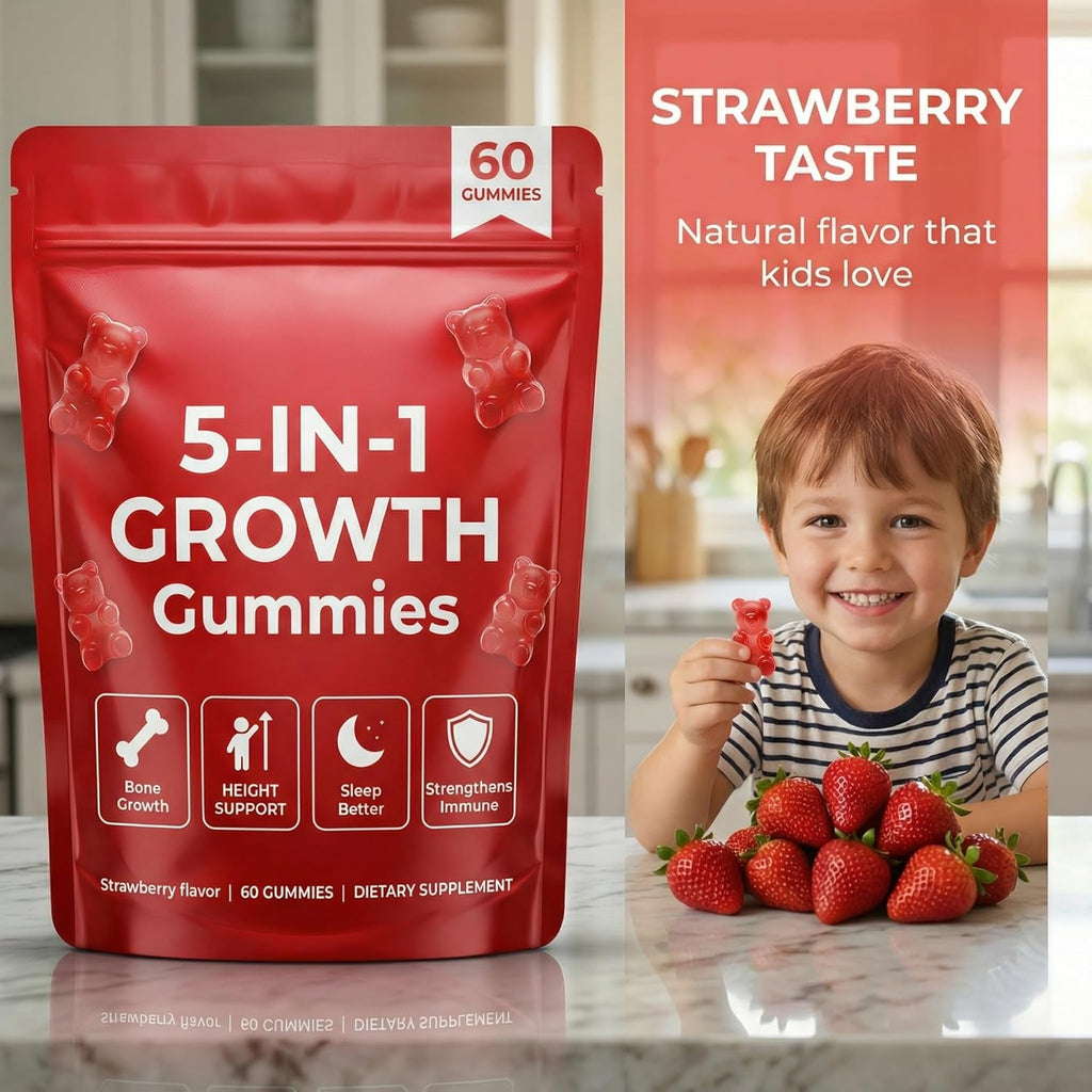 5-In-1 Growth Gummies, Supports Natural Height & Bone Development with Essential Amino Acids & D3, K2, Delicious Strawberry Flavor, 60-Count