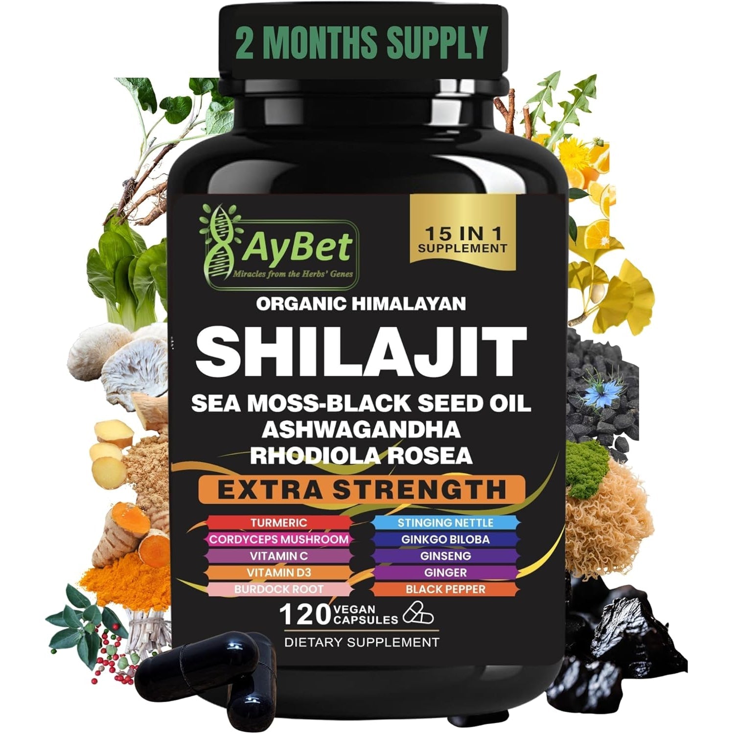 Shilajit for Men and Women-Organic Himalayan Shilajit Capsules with Sea Moss, Black Seed Oil, Ashwagandha, Rhodiola Rosea, Burdock, Cordyceps Mushroom, Ginseng, Turmeric, Ginger, 120 Capsules