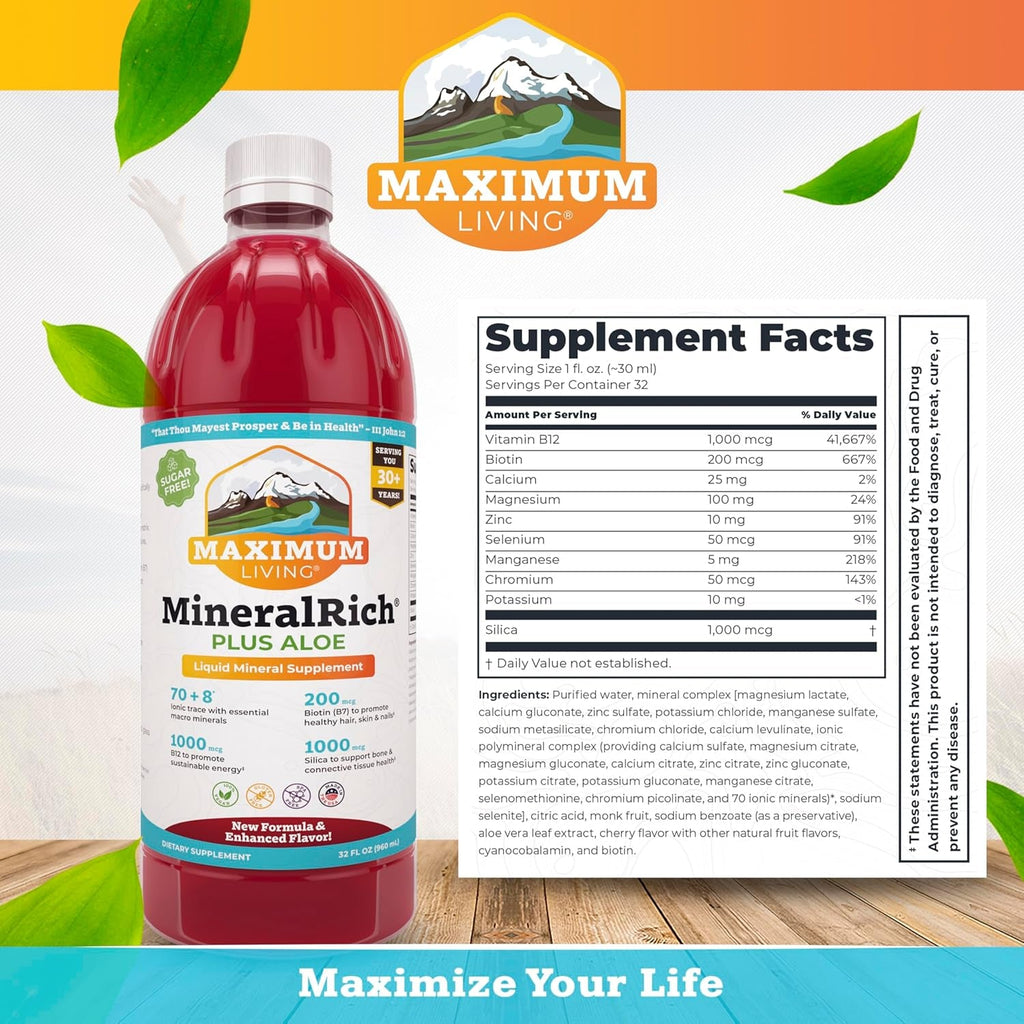 Maximum Living Mineralrich Minerals Supplement with Aloe - Liquid Blend of Vitamins and Trace Minerals - 32 Oz