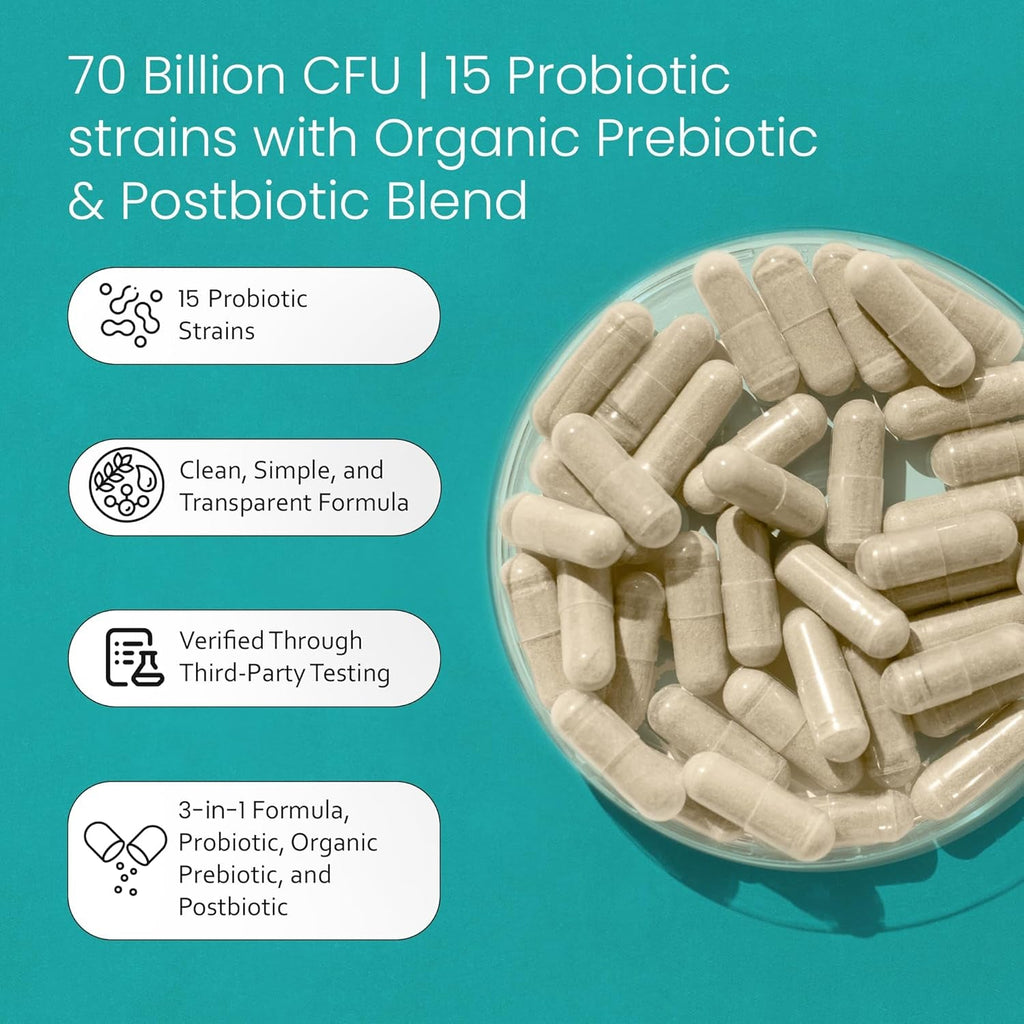Naturalife Labs Probiotics 70 Billion CFU – 15 Strains + Organic Prebiotic & Postbiotic 3-In-1 – Gut & Digestive Support – Supports Occasional Bloating – Women & Men – Vegan & Shelf Stable – 30 Caps