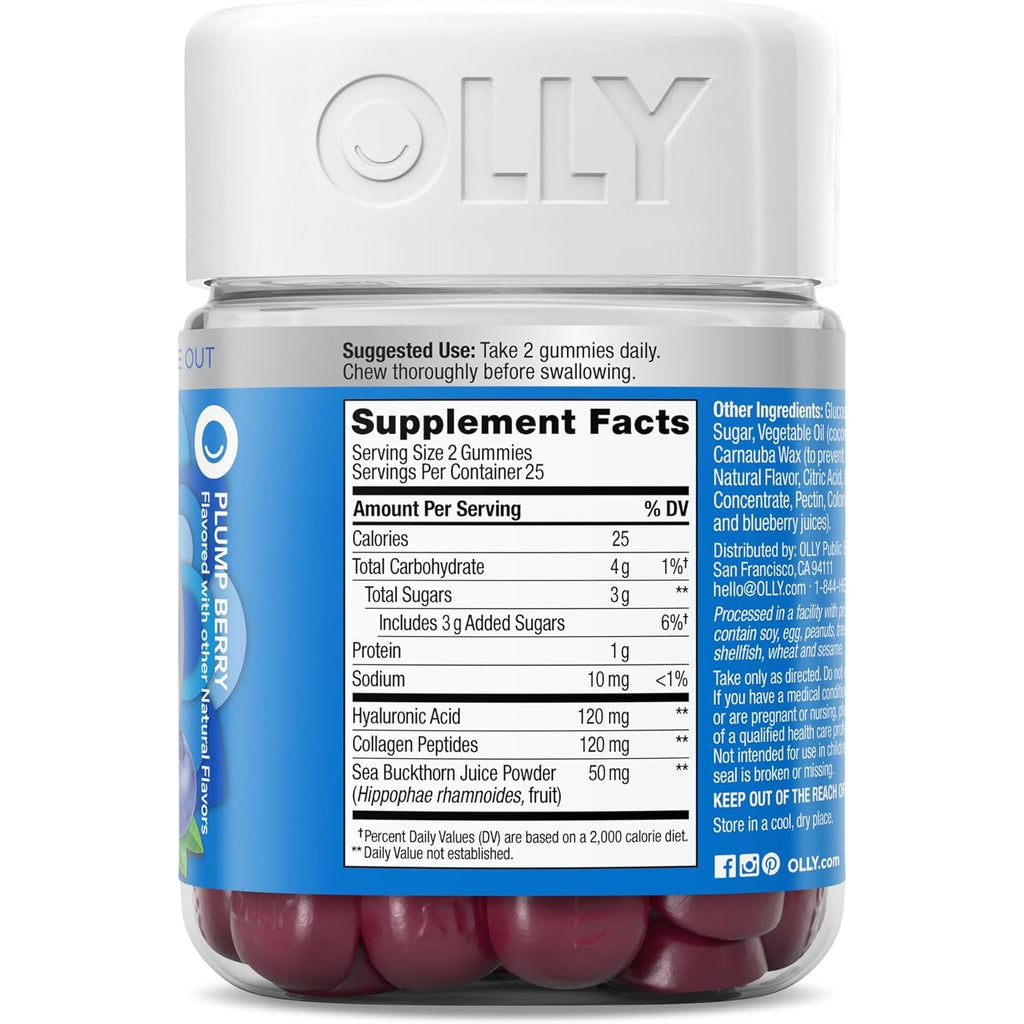 OLLY Glowing Skin Gummy, Hydrated & Youthful Skin,* Hyaluronic Acid, Collagen Peptides, Sea Buckthorn, Plump Berry Flavor, 25 Day Supply - 50 Count