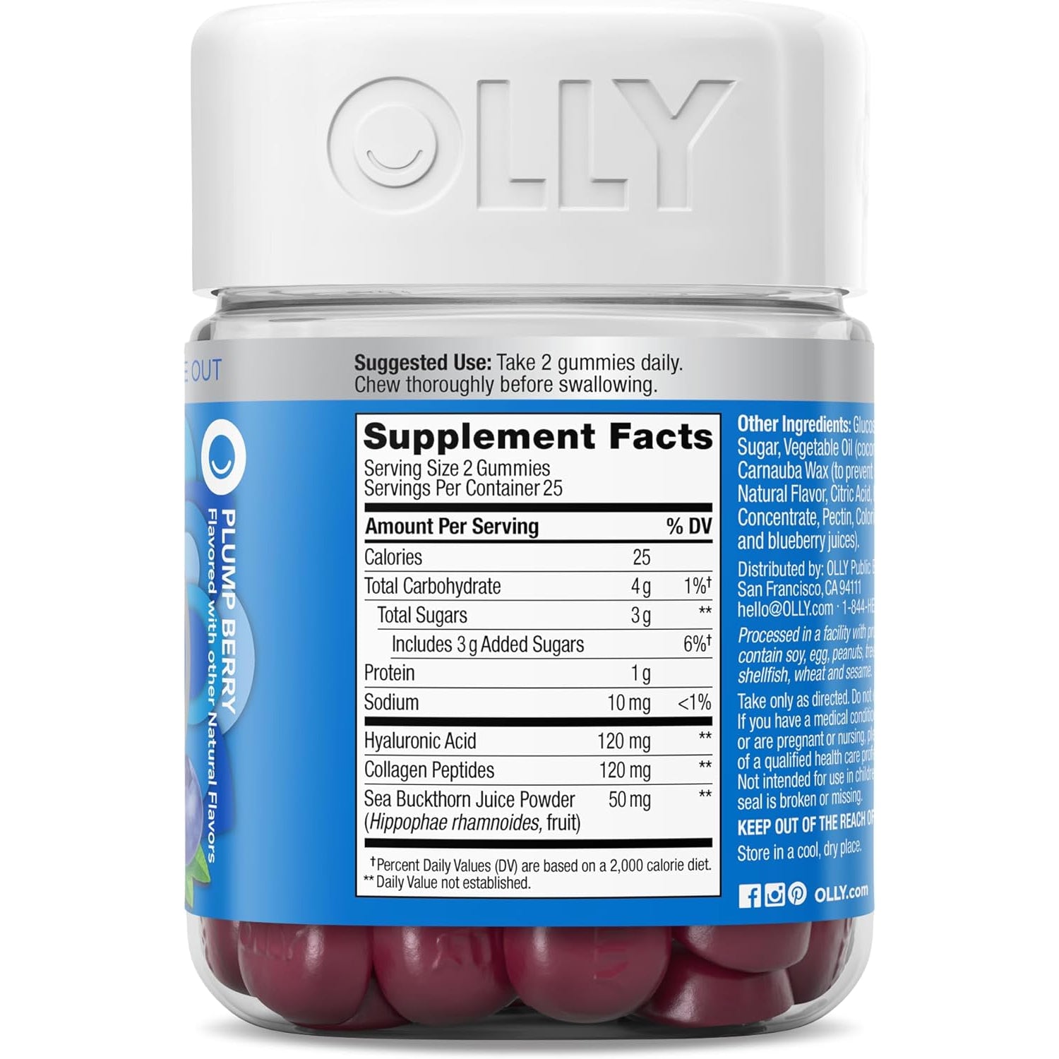 OLLY Glowing Skin Gummy, Hydrated & Youthful Skin,* Hyaluronic Acid, Collagen Peptides, Sea Buckthorn, Plump Berry Flavor, 25 Day Supply - 50 Count